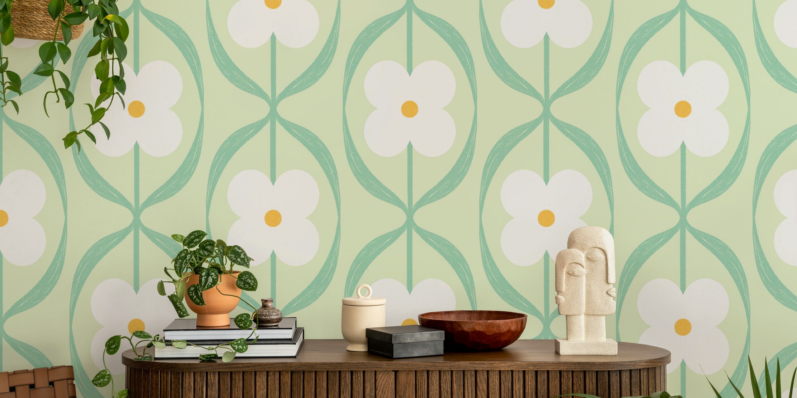 Sage Green Daisy Flowers Retro Floral tapeta u sobi