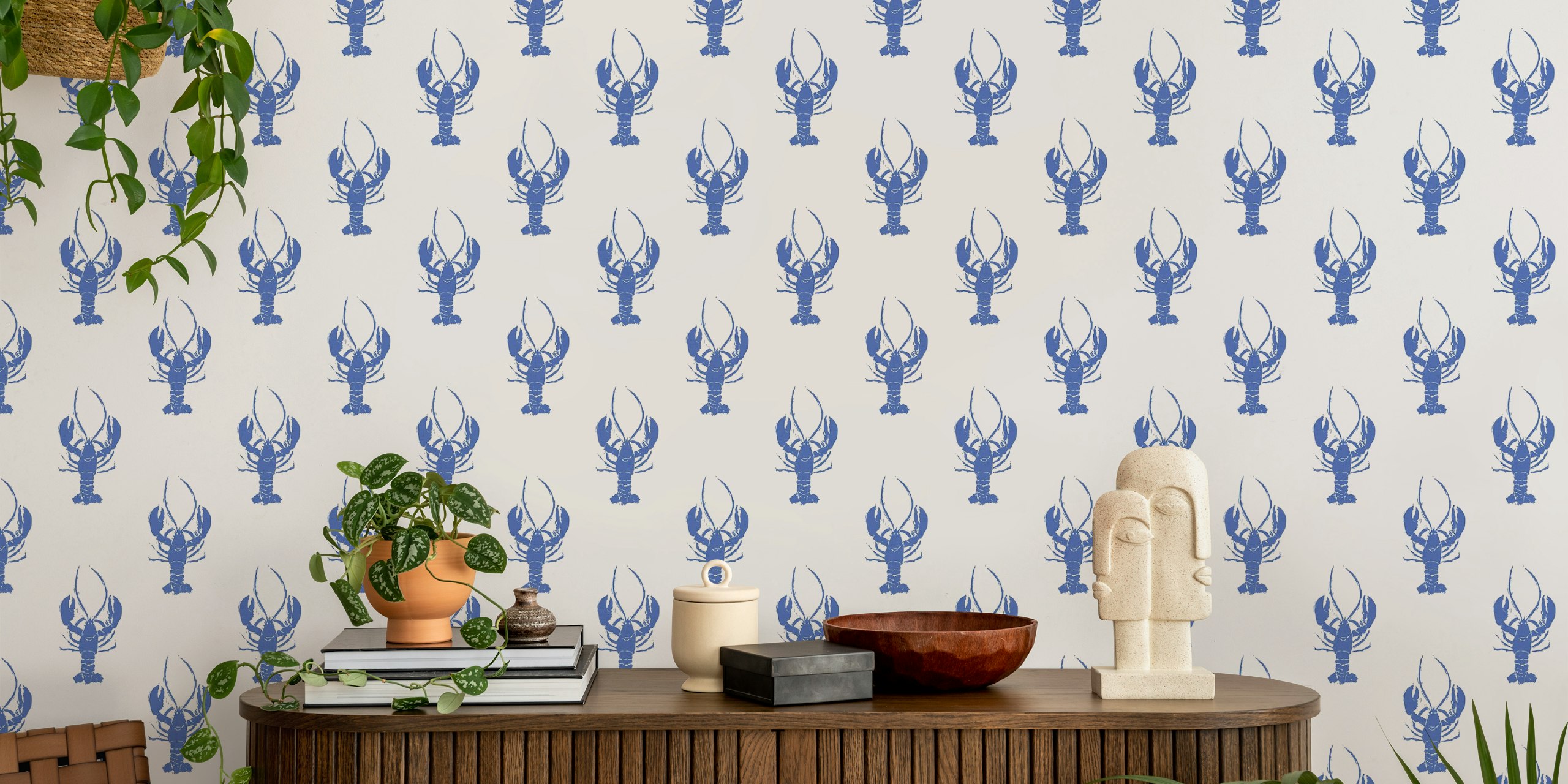 Navy and white Lobster Linocut wallpaper in a room