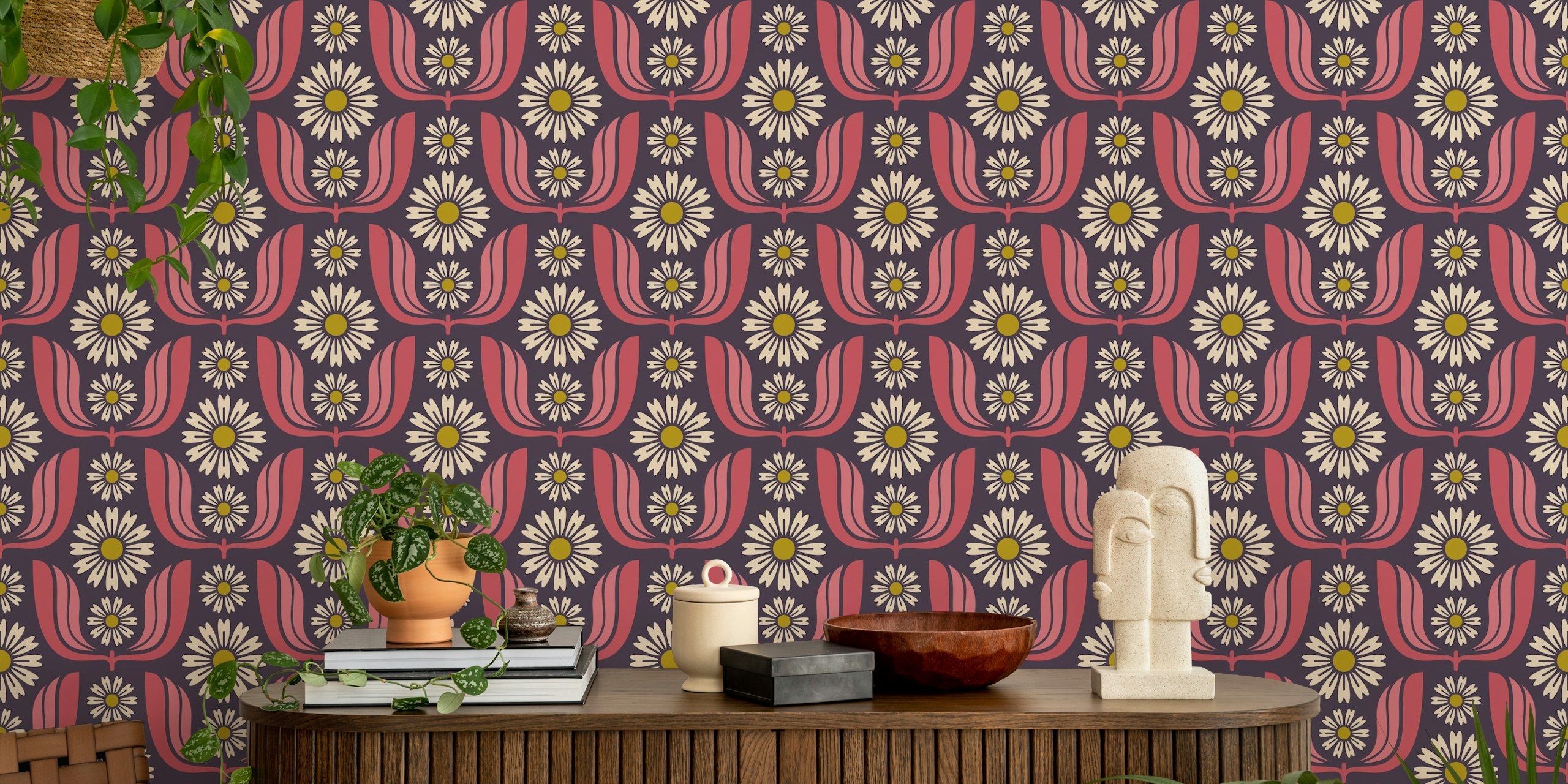 Magenta floral daisy pattern wallpaper with pink and cream elements