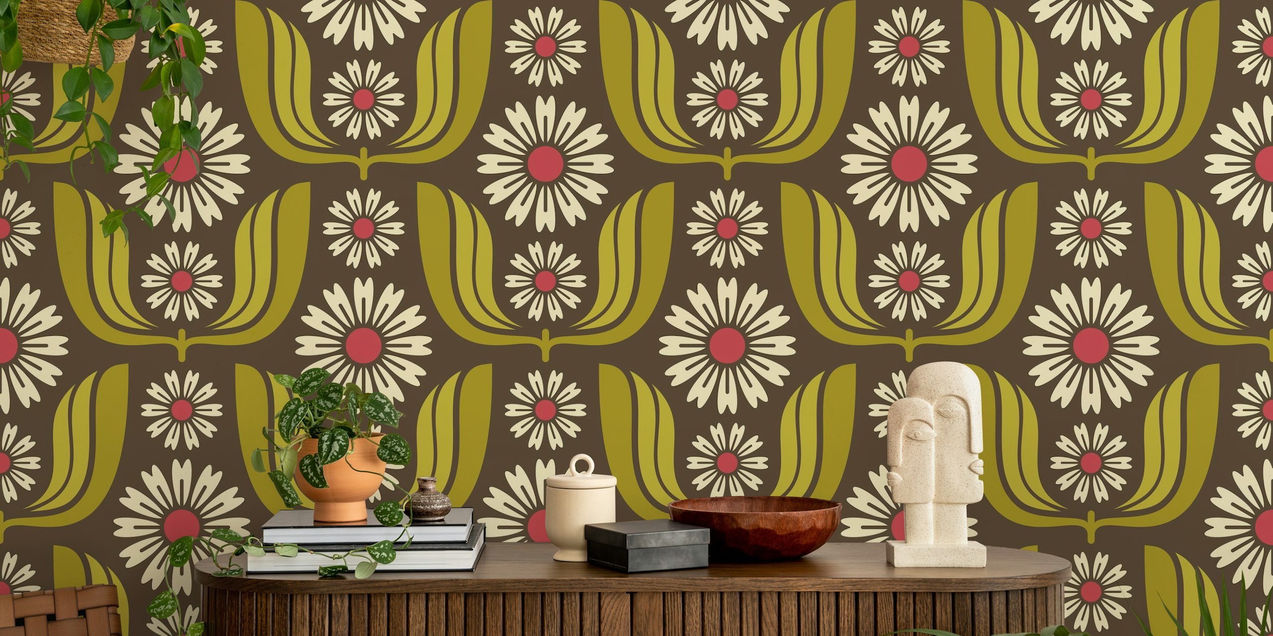 Daisy Bloom Harmony in Green wallpaper in a room