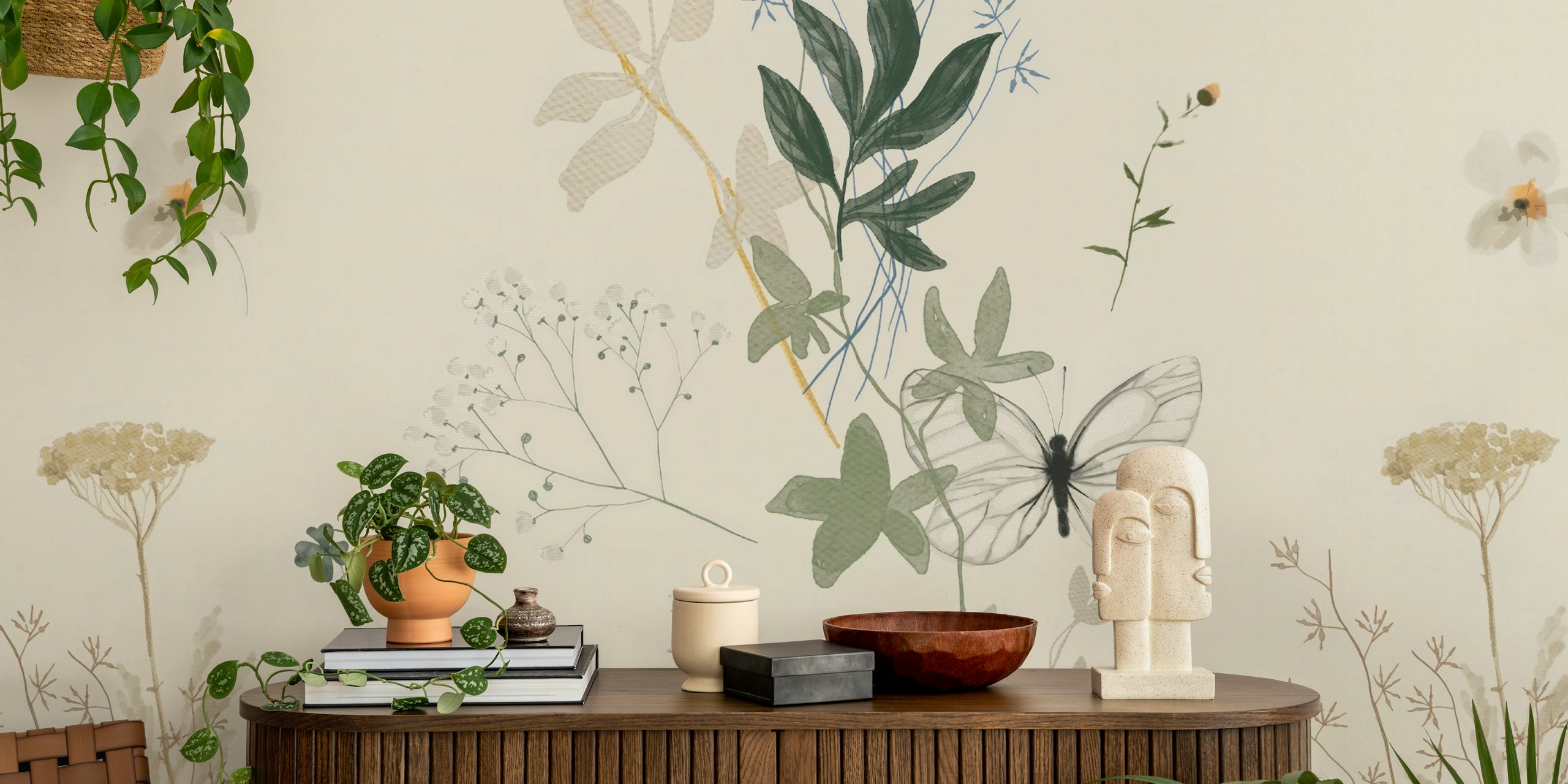 Delicate floral and butterfly pattern in muted tones wallpaper