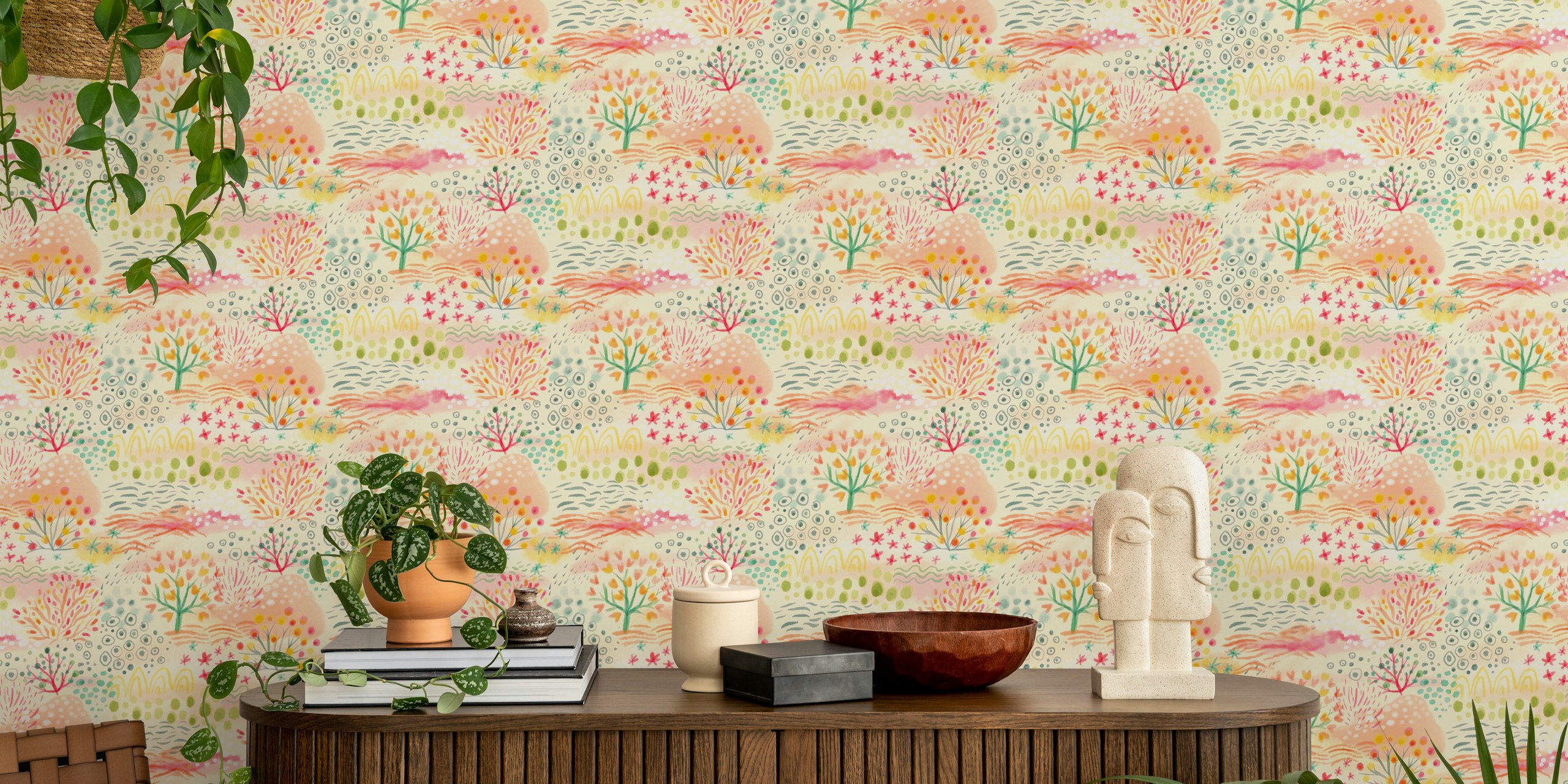 Colorful watercolor floral patterns including plants and abstract shapes wallpaper