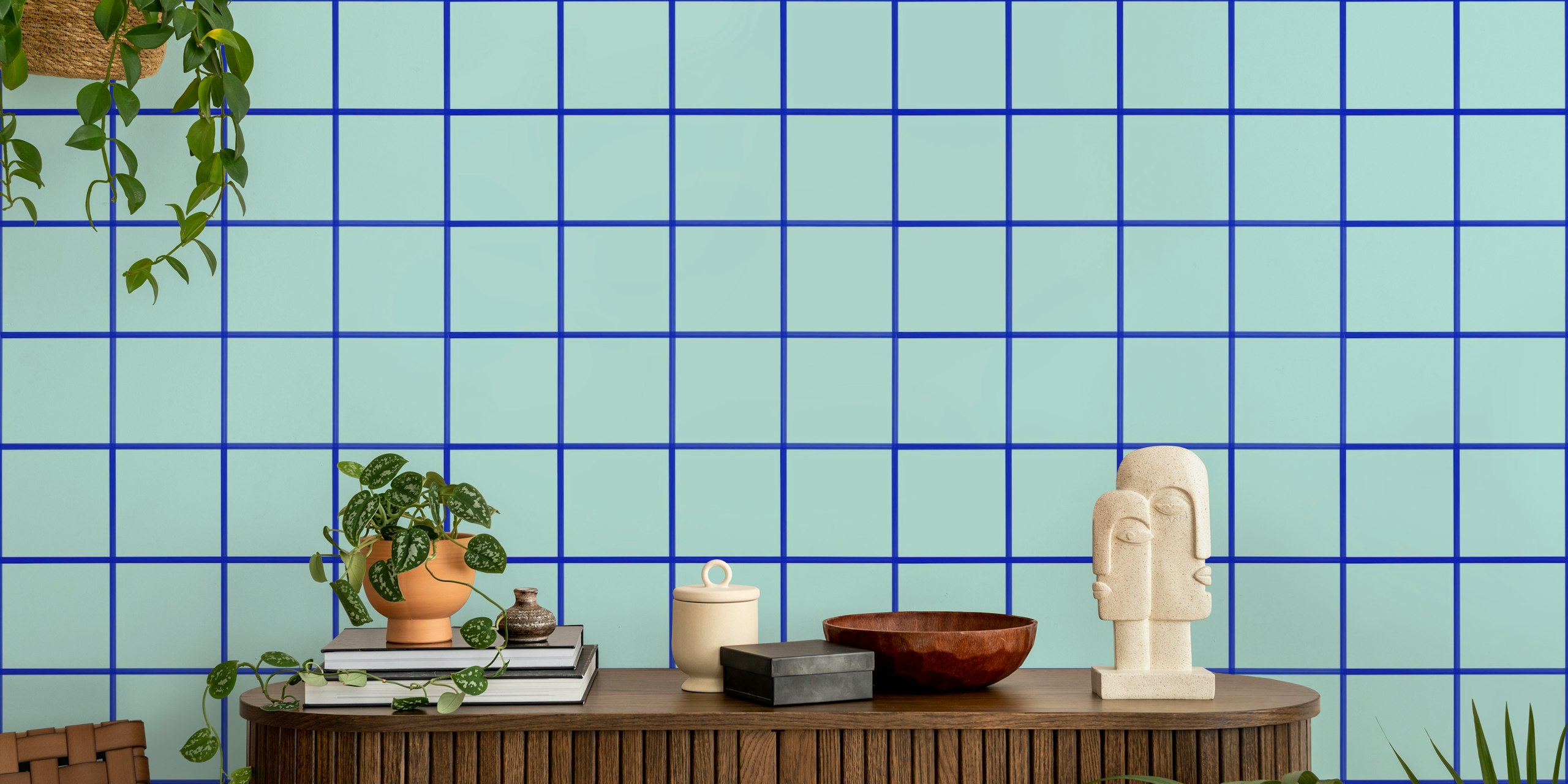 Light mint blue grouted tiles wallpaper in a room