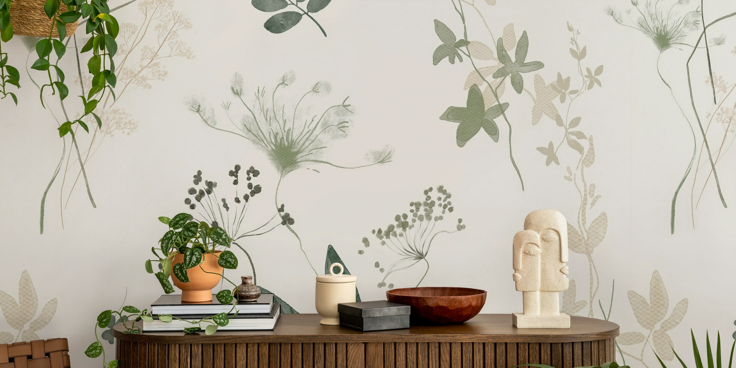 Groene bladeren en bloemen in lichte tinten wallpaper