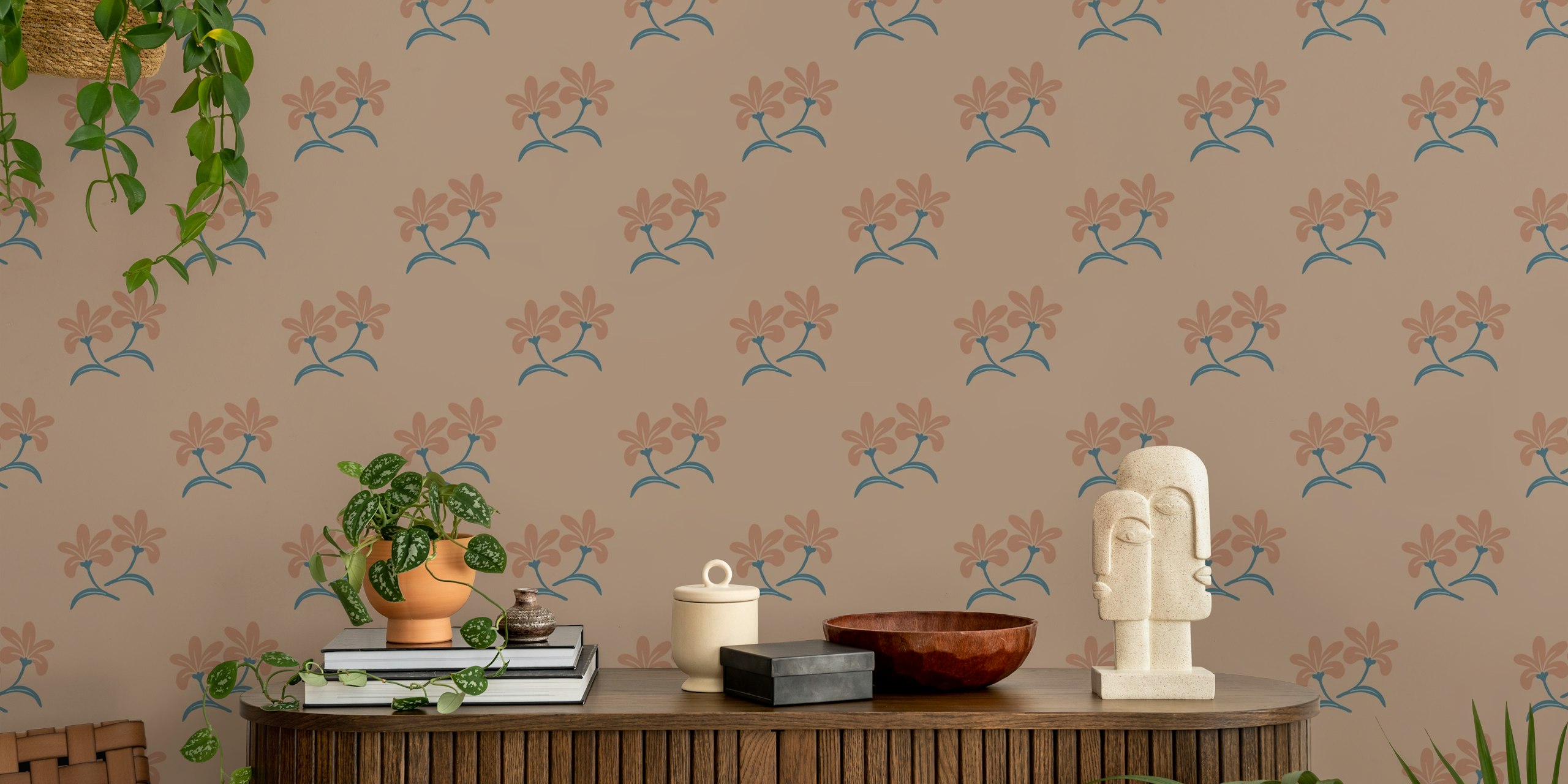 Peach floral design with blue stems wallpaper