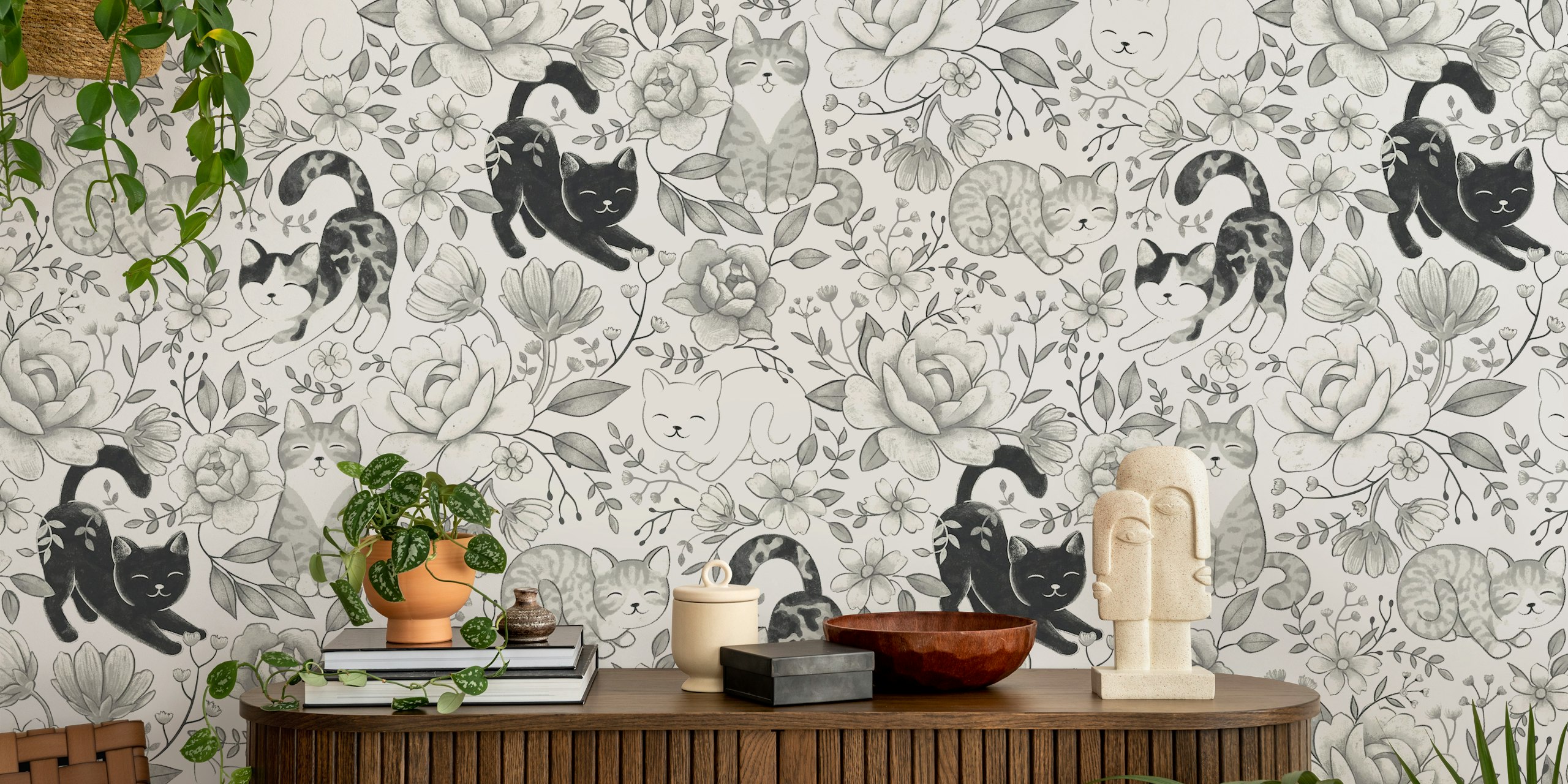 Cottage Cat Coquette zwart-wit behangontwerp
