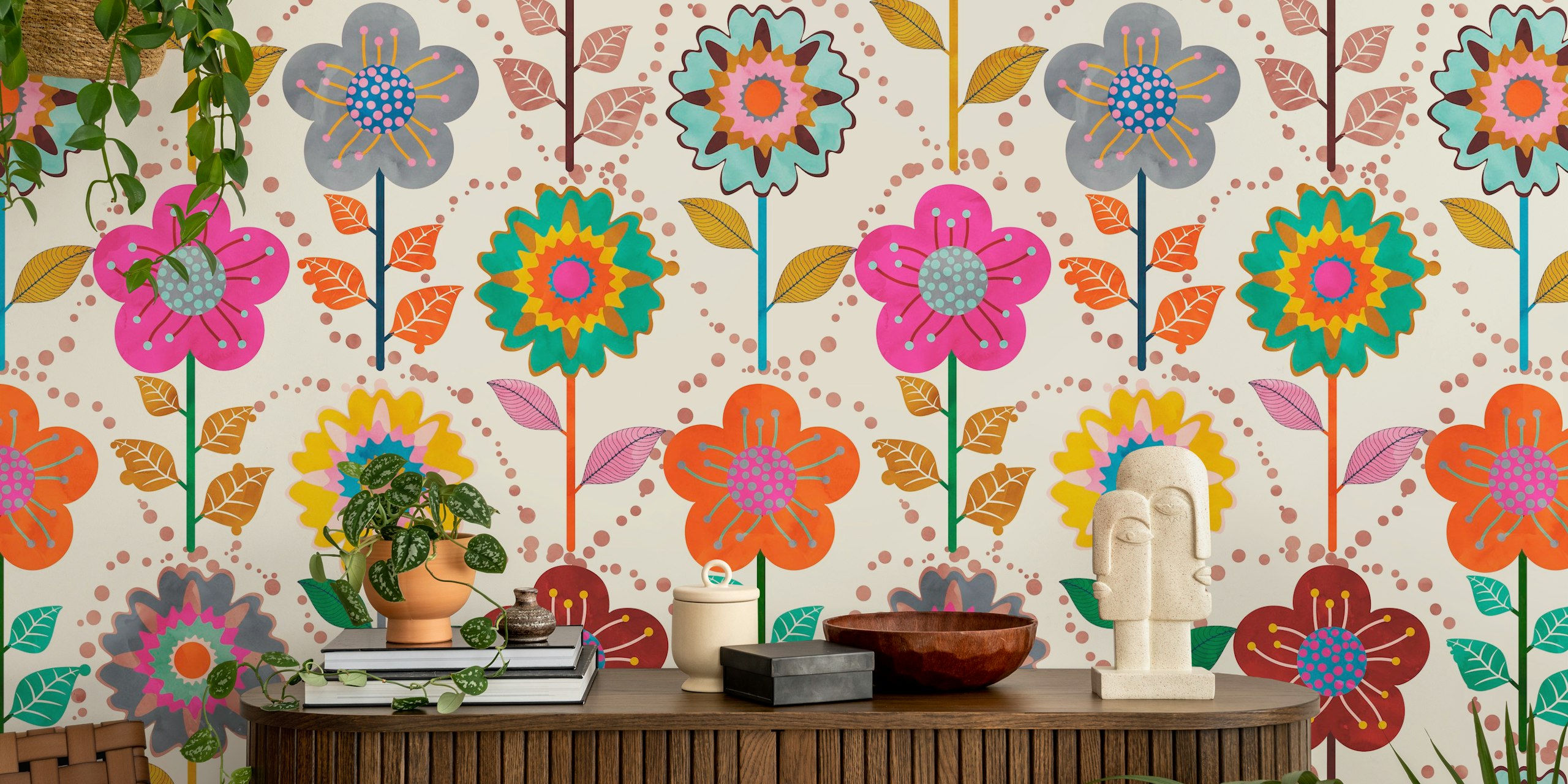 Bountiful Geometric Flowers behang in een kamer