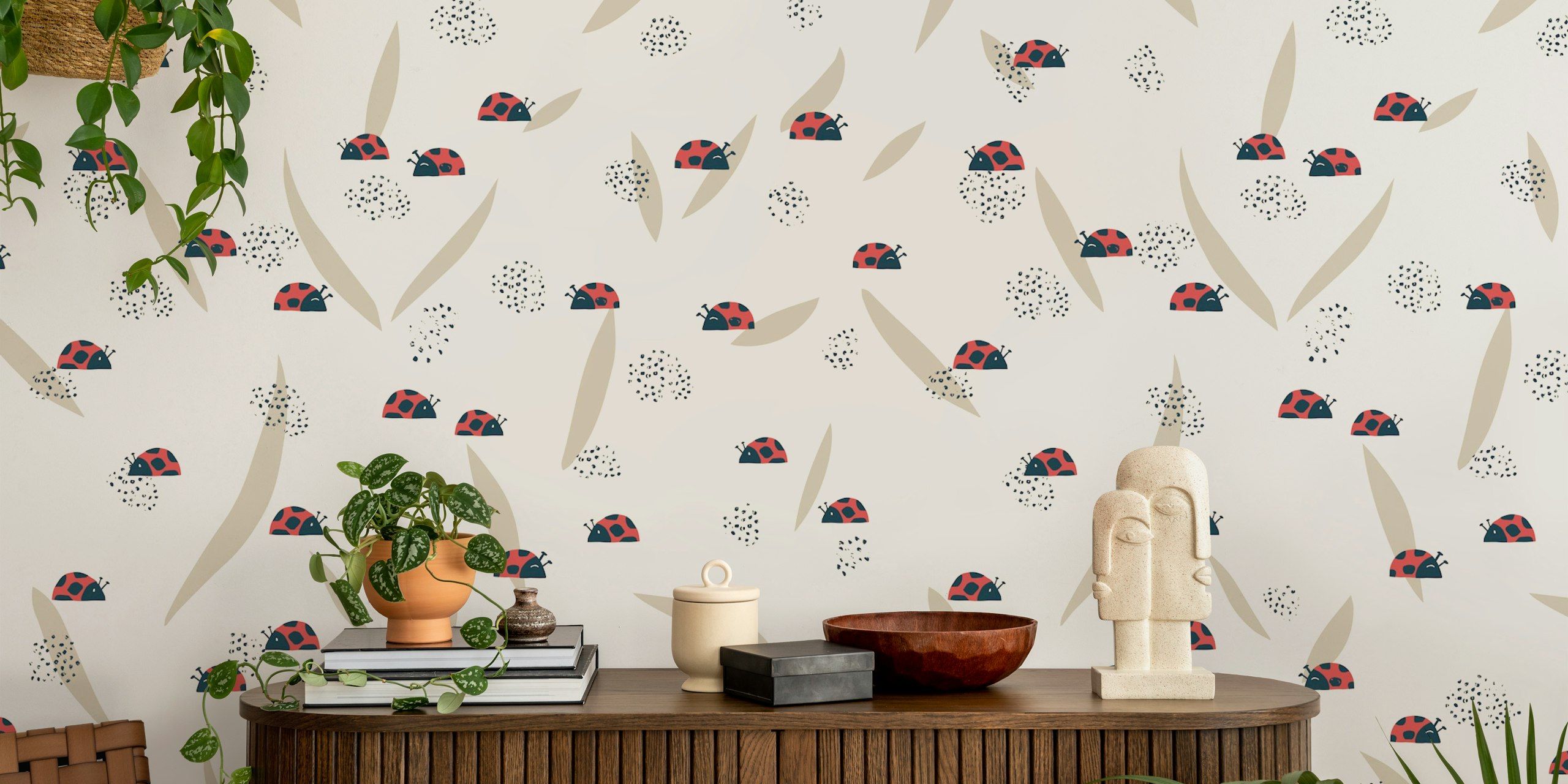 Cute ladybugs on a light background with leaves and dots wallpaper