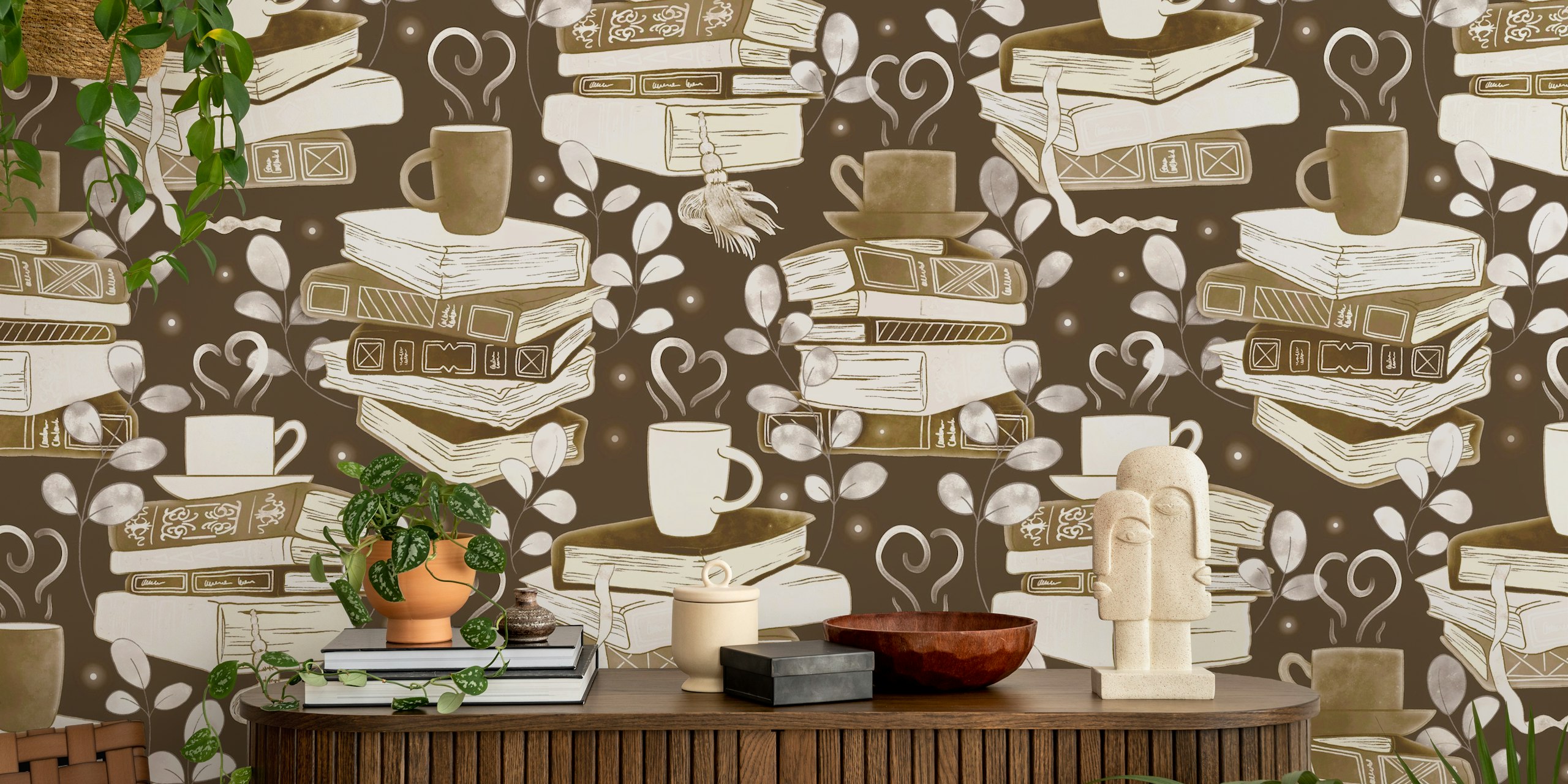 Mocha brown wallpaper s knjigama i šalicama kave