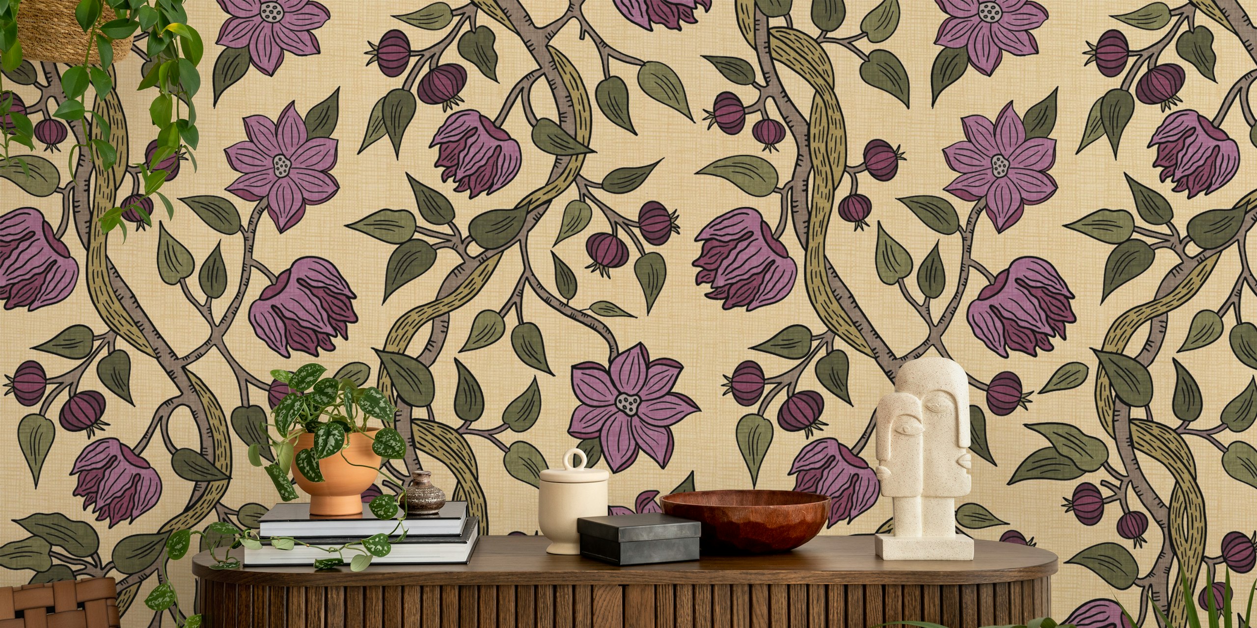 Violet flowers and vines on khaki background wallpaper