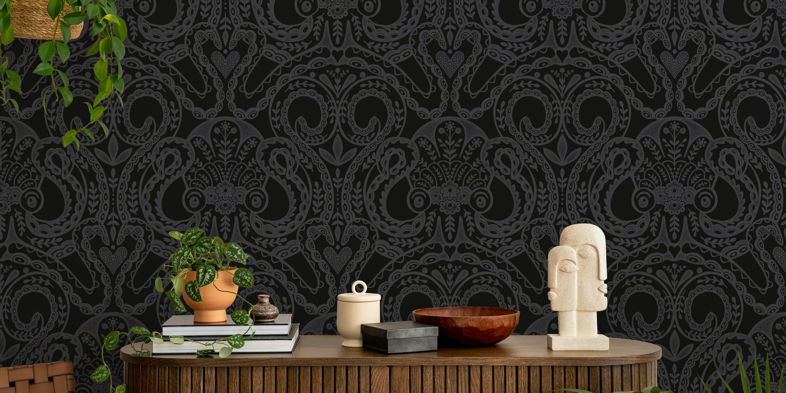Folk octopus damask black wallpaper in a room