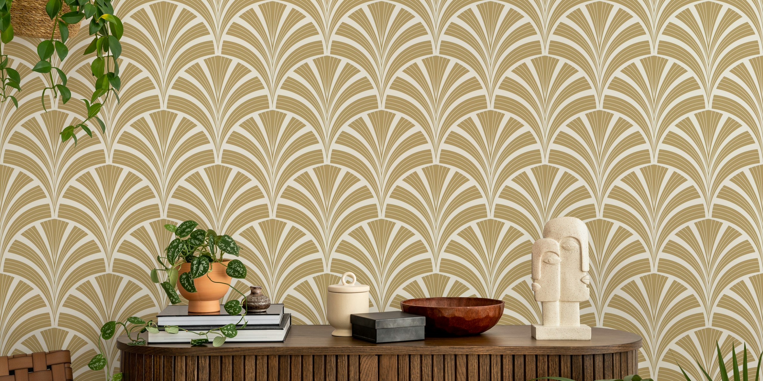 Art Deco Palm Frond wallpaper in a room