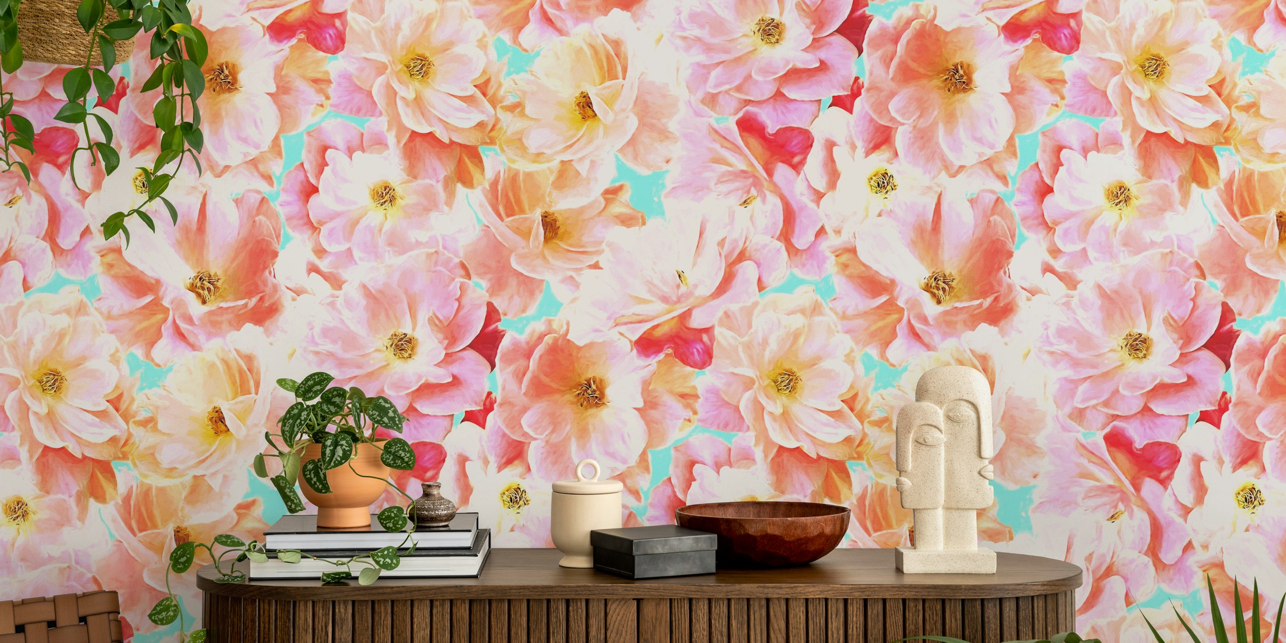 Peach pink roses on bright cyan background floral wallpaper