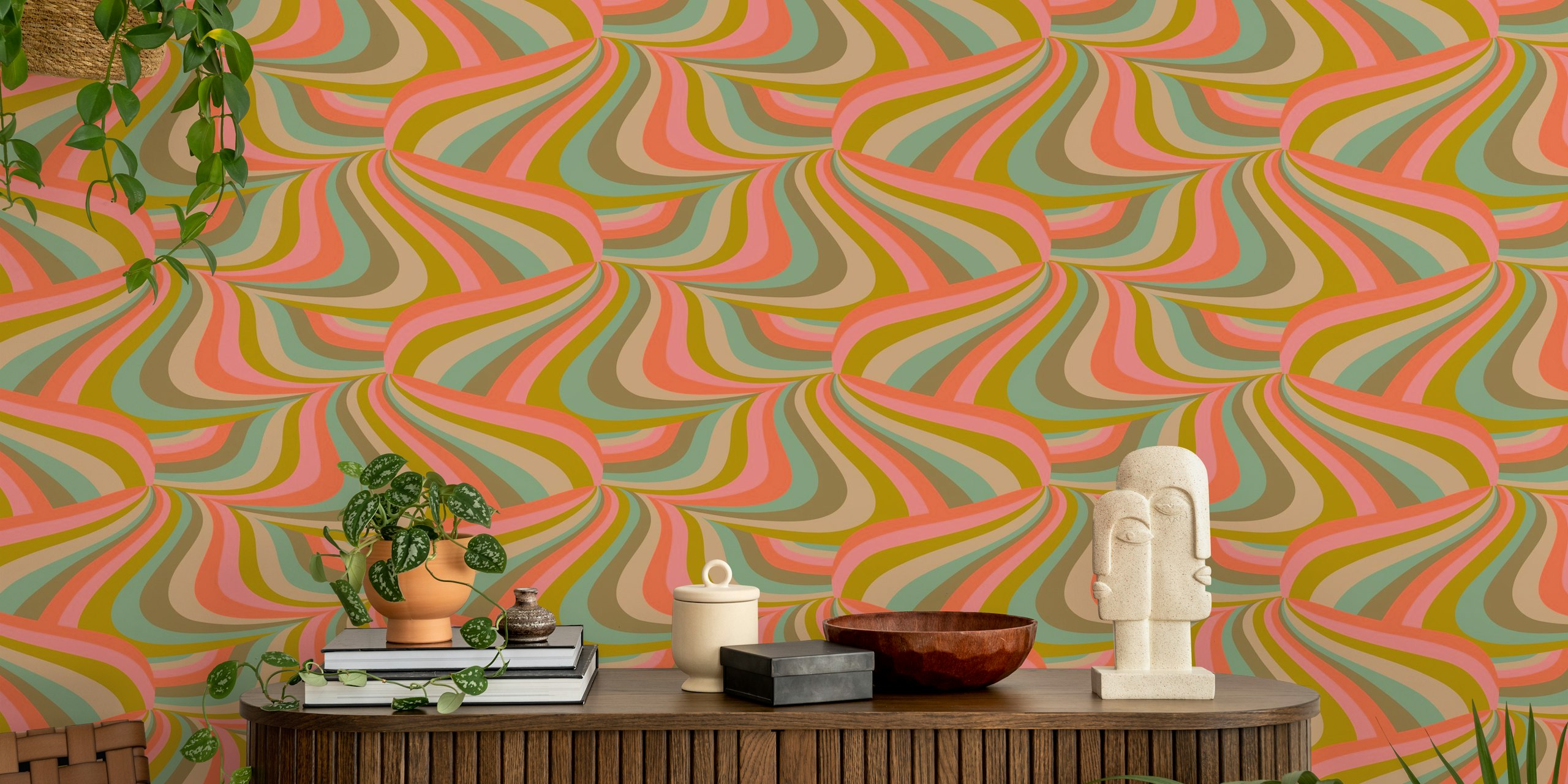 Marble Swirl Retro Groovy Stripes wallpaper in a room