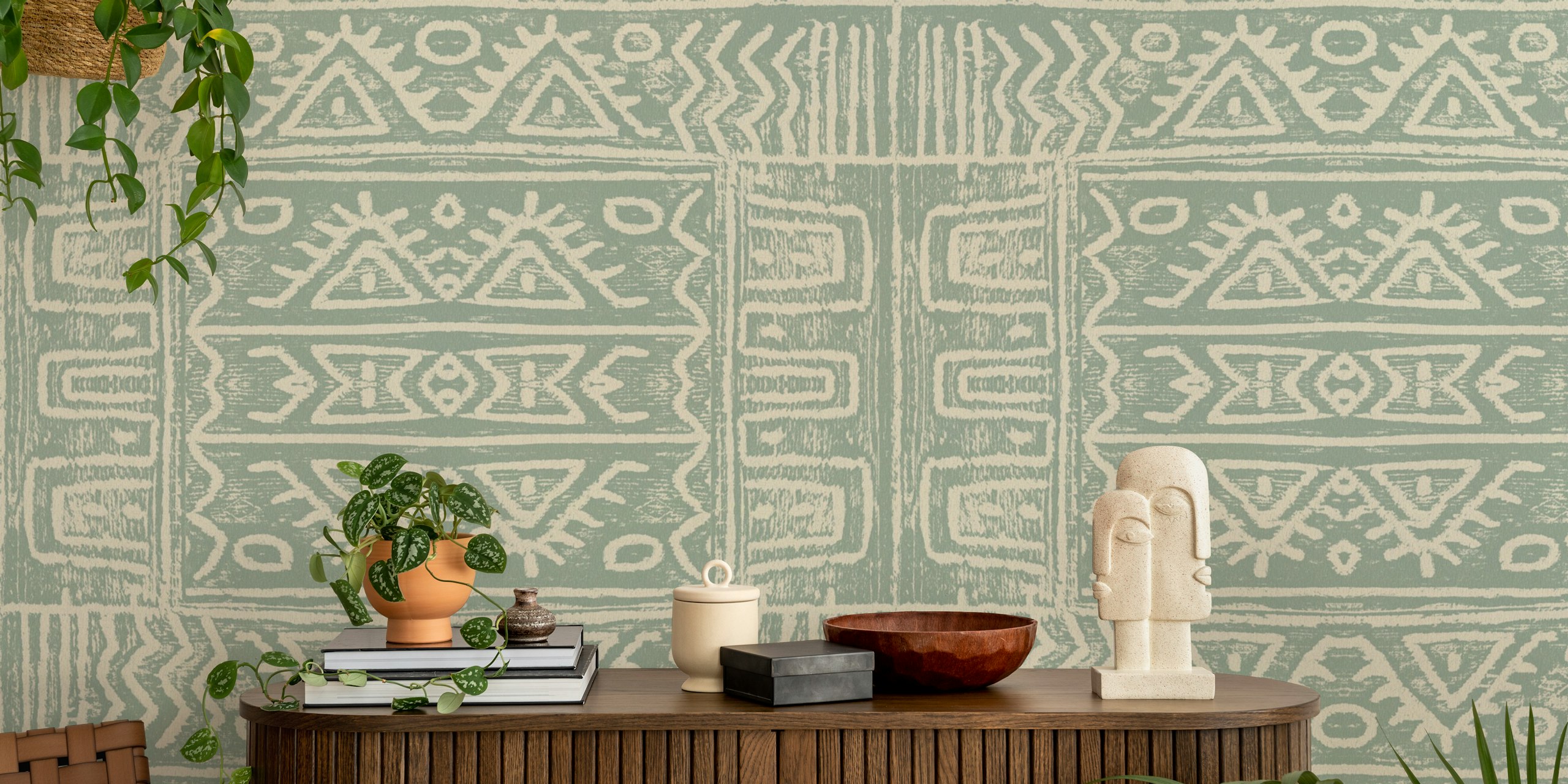 Ταπετσαρία Mudcloth Green εμφανιζόμενη σε ένα δωμάτιο