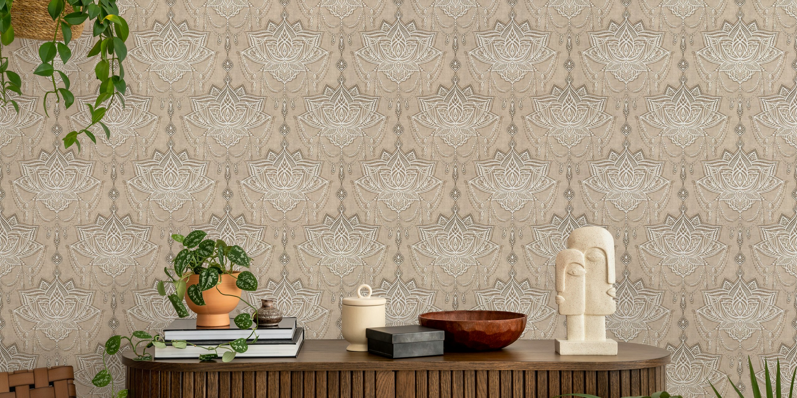 Design de papier peint Warm Neutrals Art Deco Beaded Lace Drop