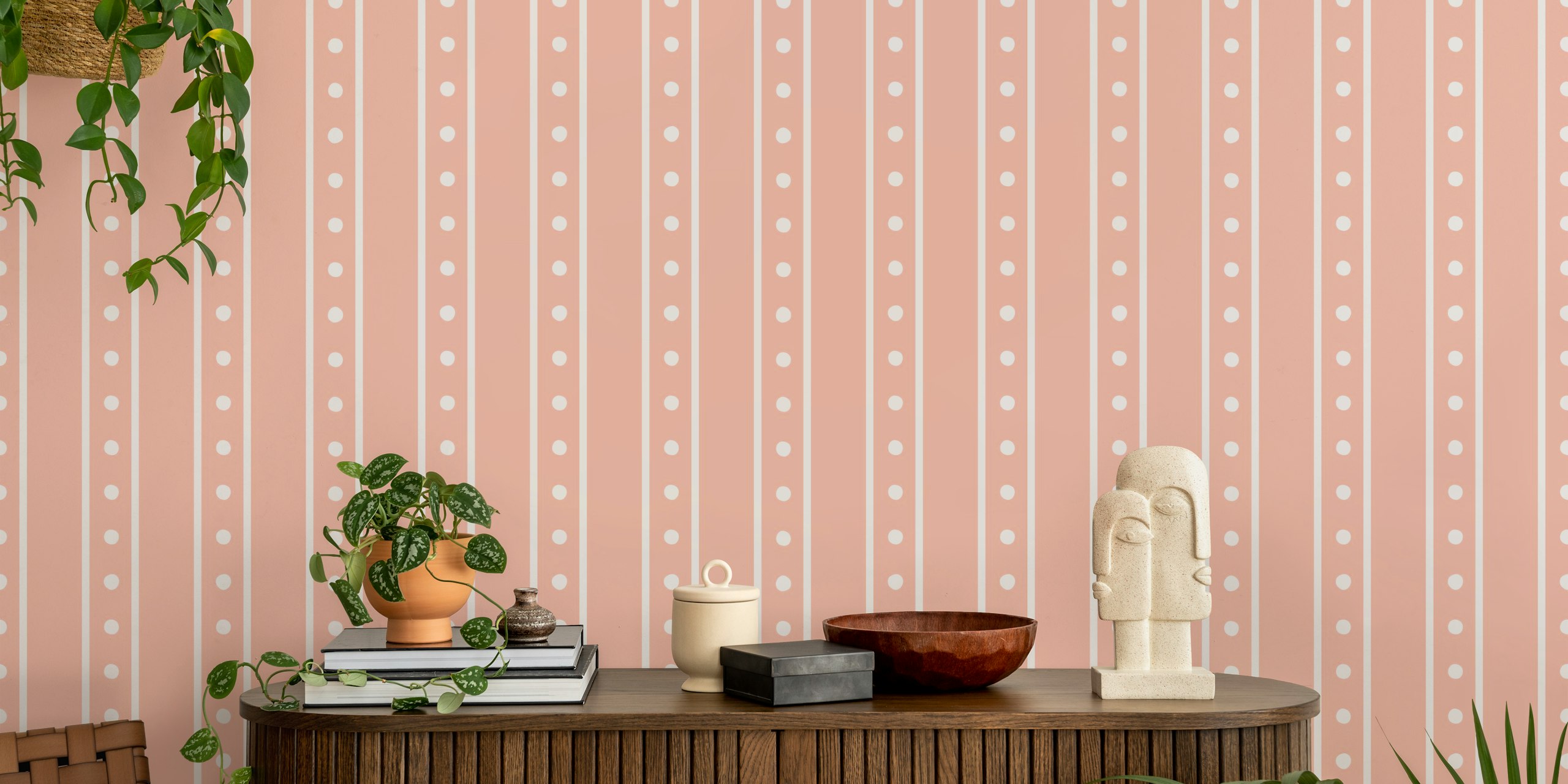 Ταπετσαρία Coral pink spotted snow stripe σε ένα δωμάτιο.