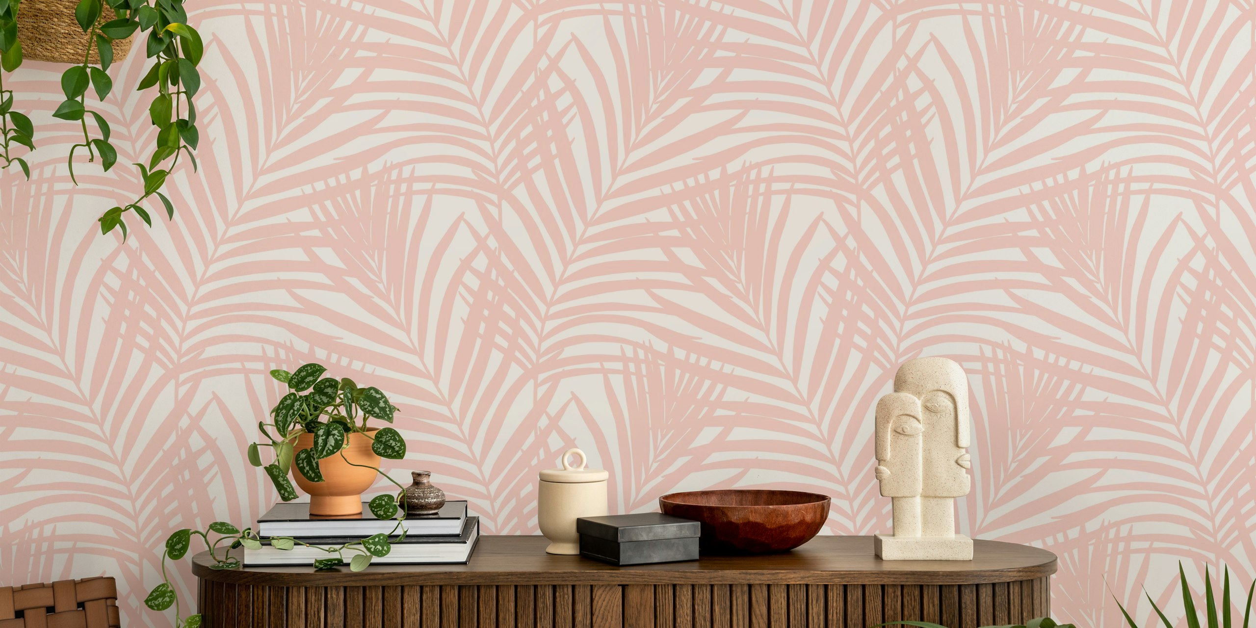Coastal palm leaves wallpaper in a room