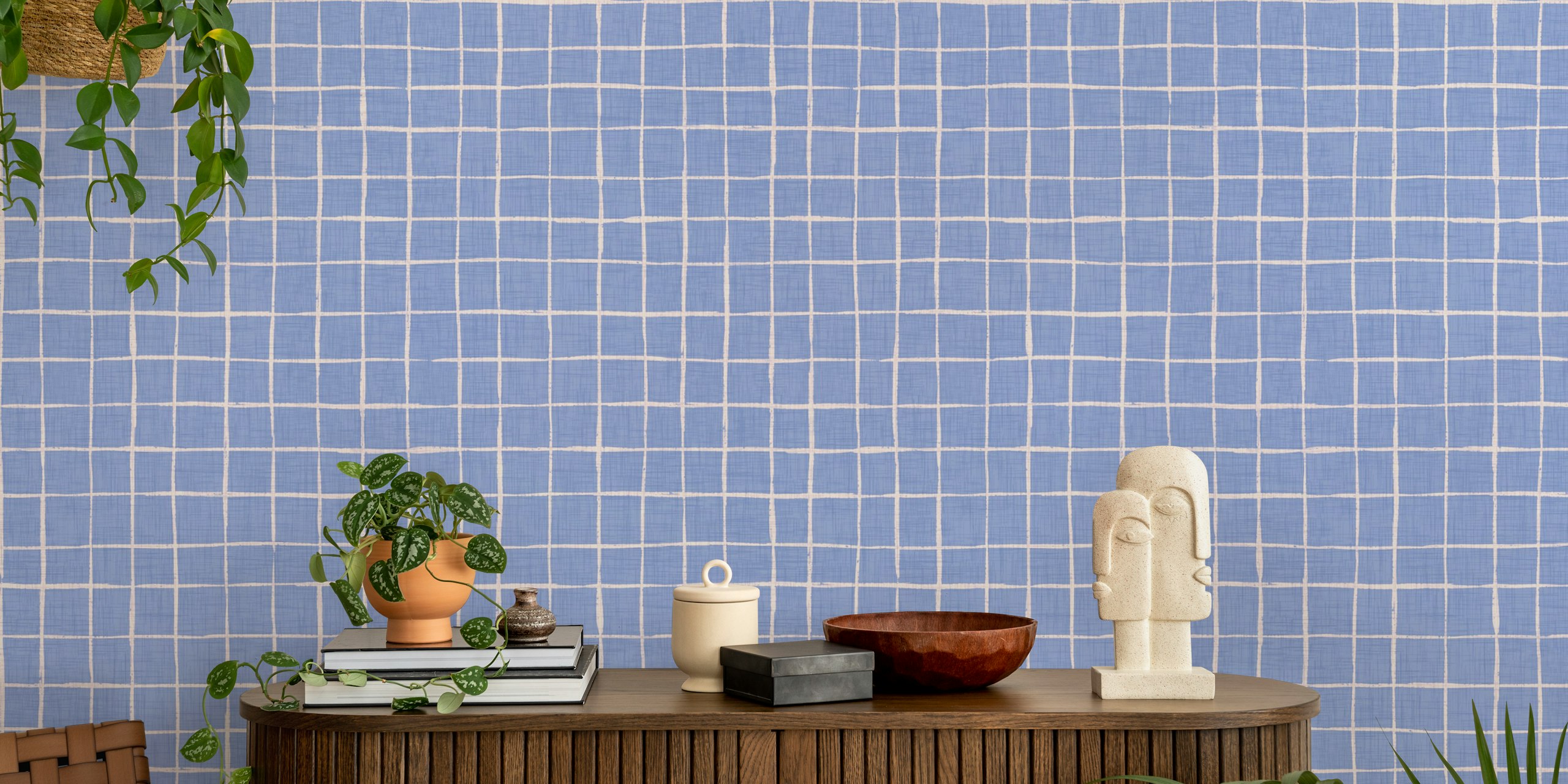 Blue Linen Check wallpaper i ett rum