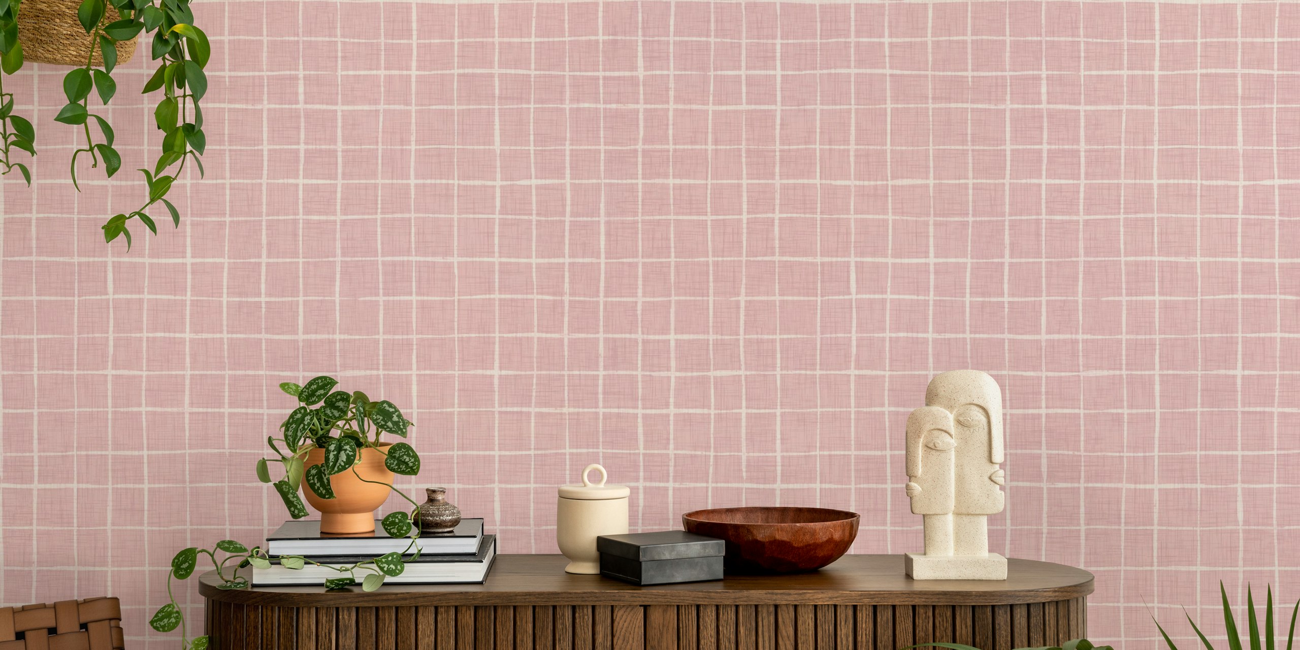 Pink grid pattern with white lines wallpaper