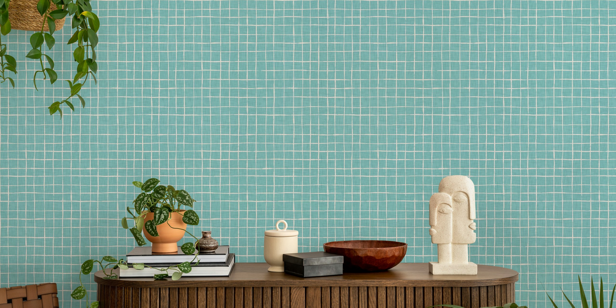 Papel pintado Teal Linen Grid en una habitación