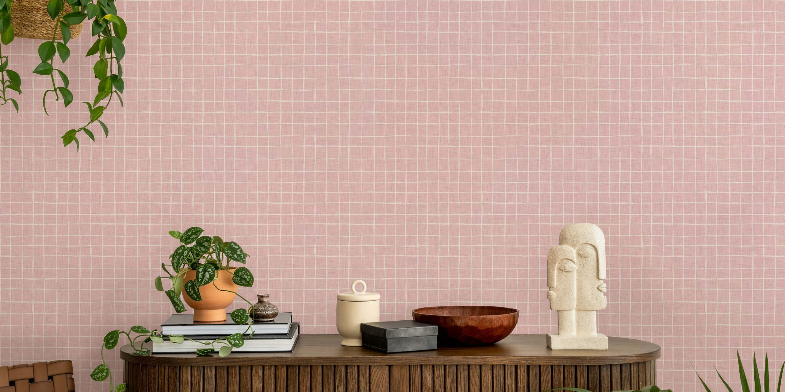 Papel tapiz Pink Linen Squares en una habitación