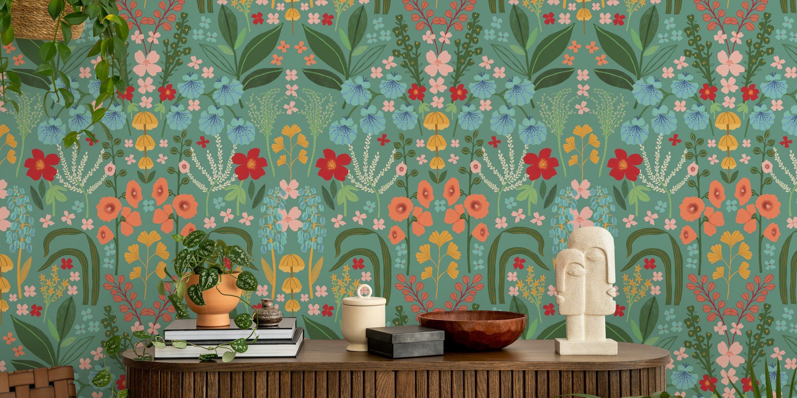 Colorful floral pattern with bluebells, pink flowers, and green leaves wallpaper