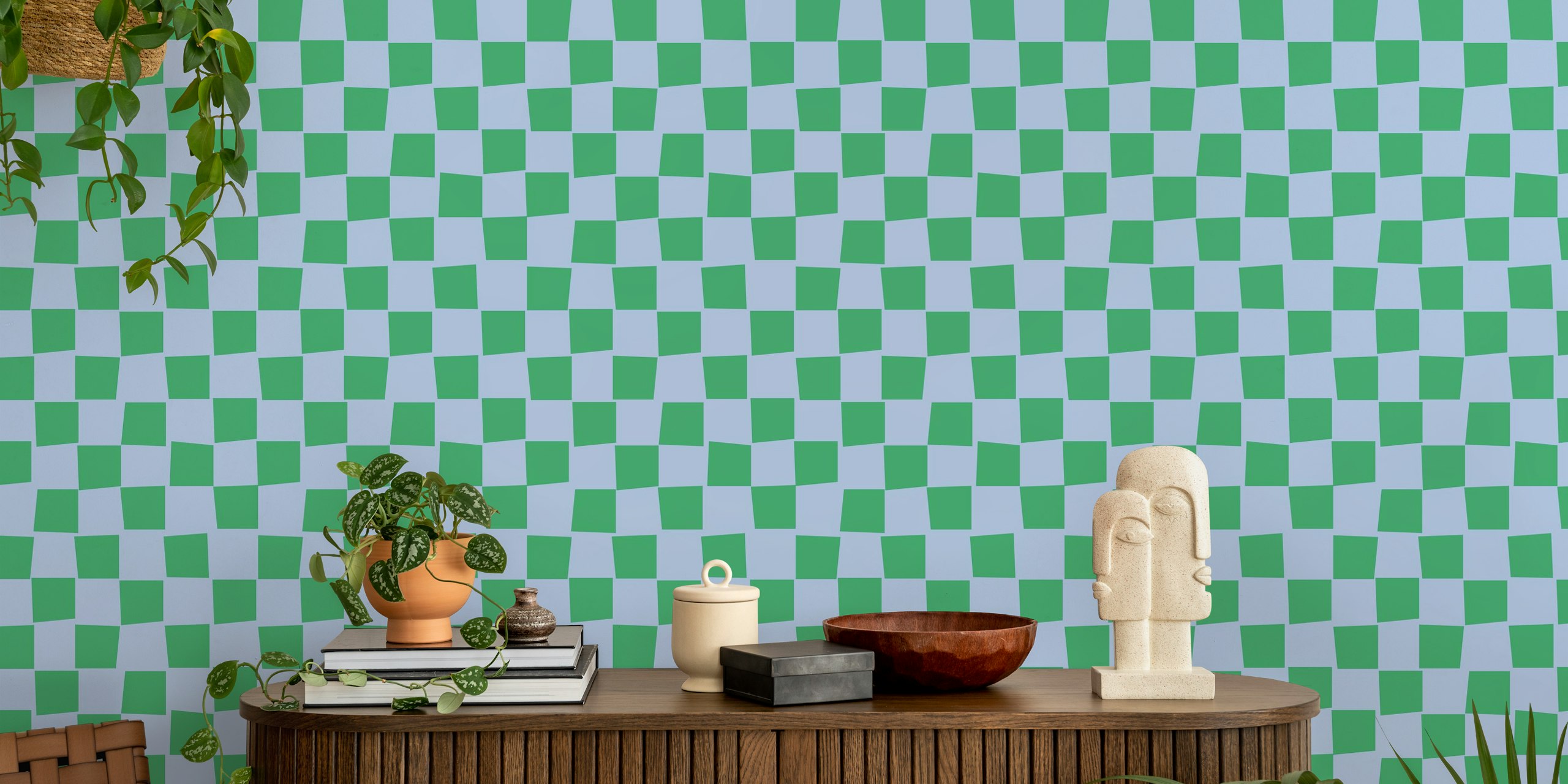 Playful green and blue tiled wallpaper