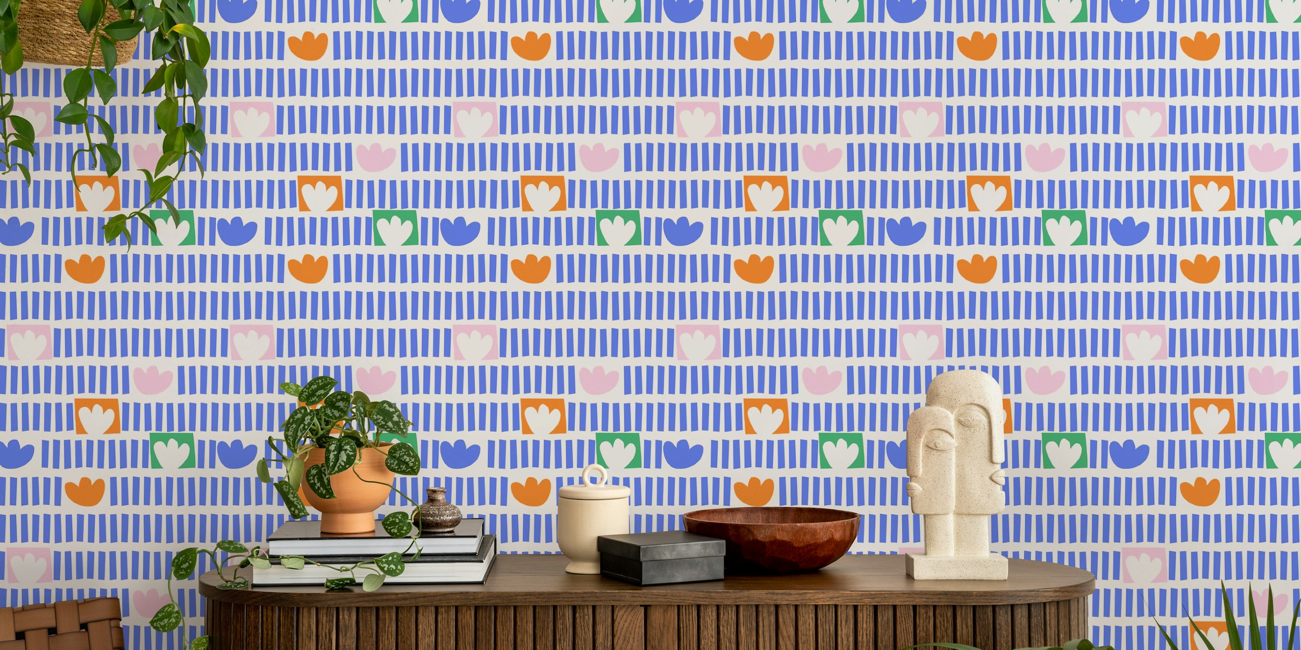 Colorful flowers and geometric patterns on a white background wallpaper