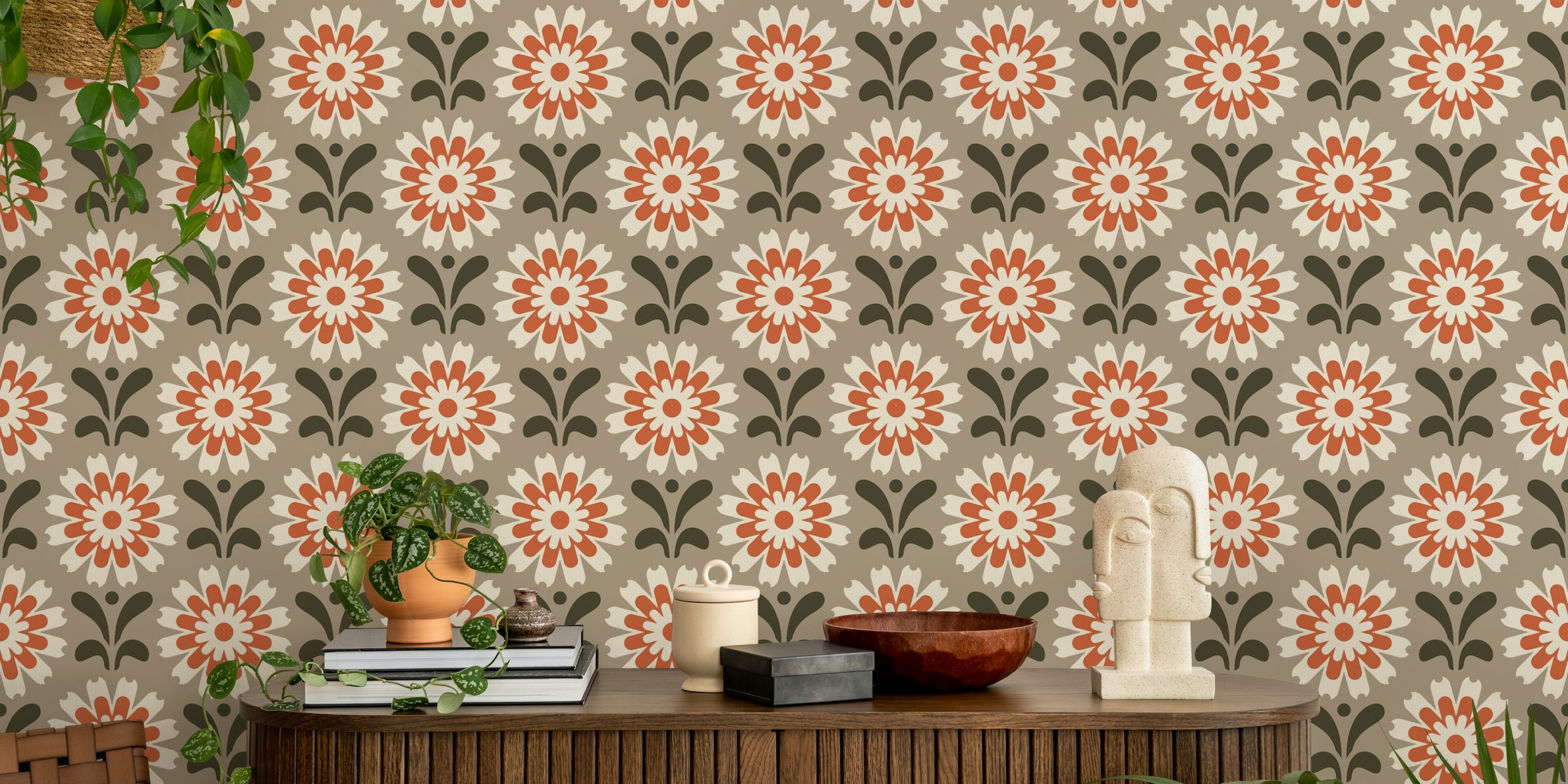 Large white daisies with red centers on beige background wallpaper