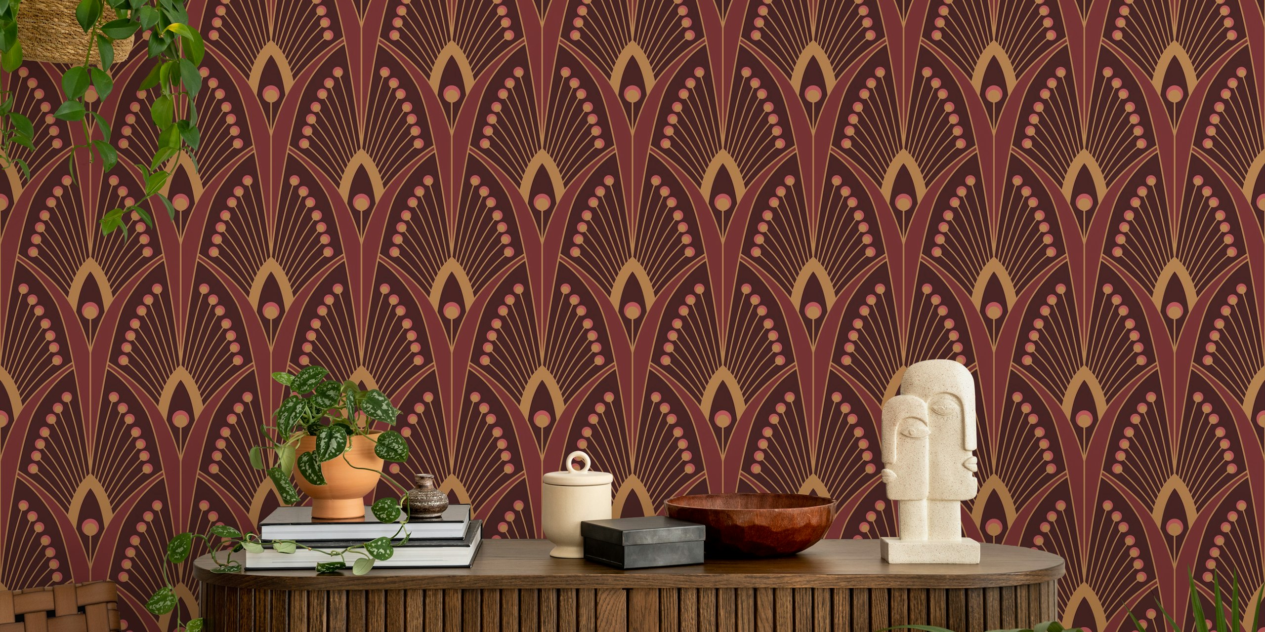 Geometric art deco peacock feather wallpaper in a room