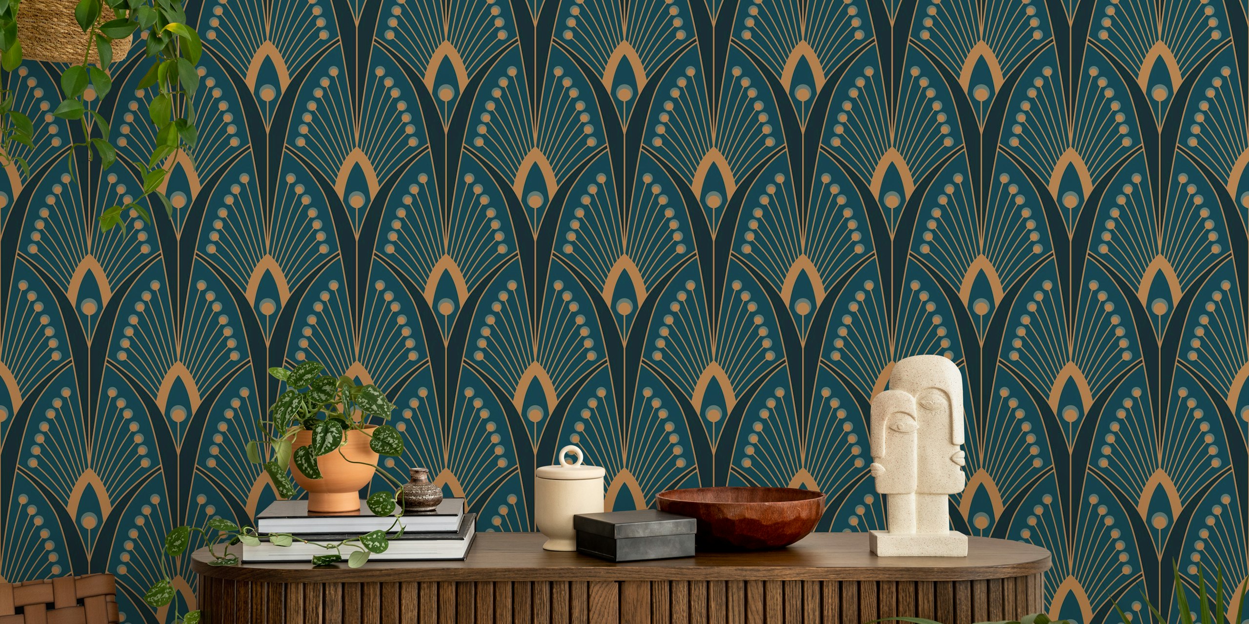 Teal M geometric art deco peacock feathers papier peint