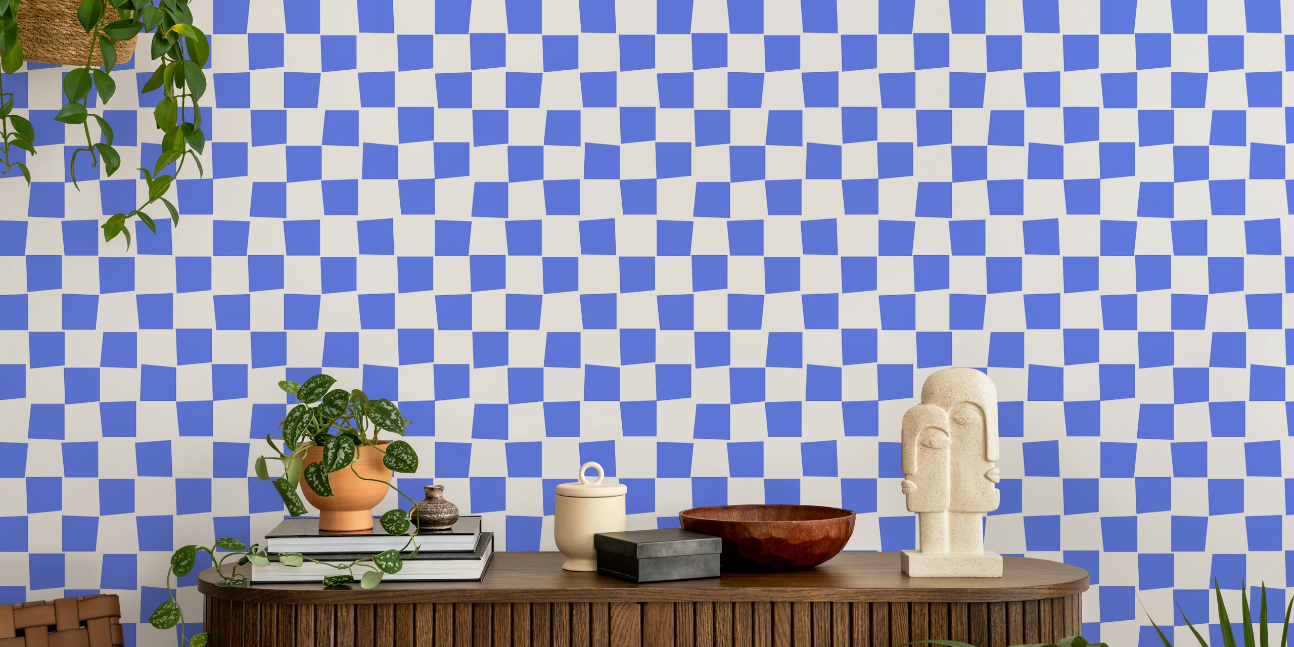 Blue checkerboard pattern wallpaper with white squares