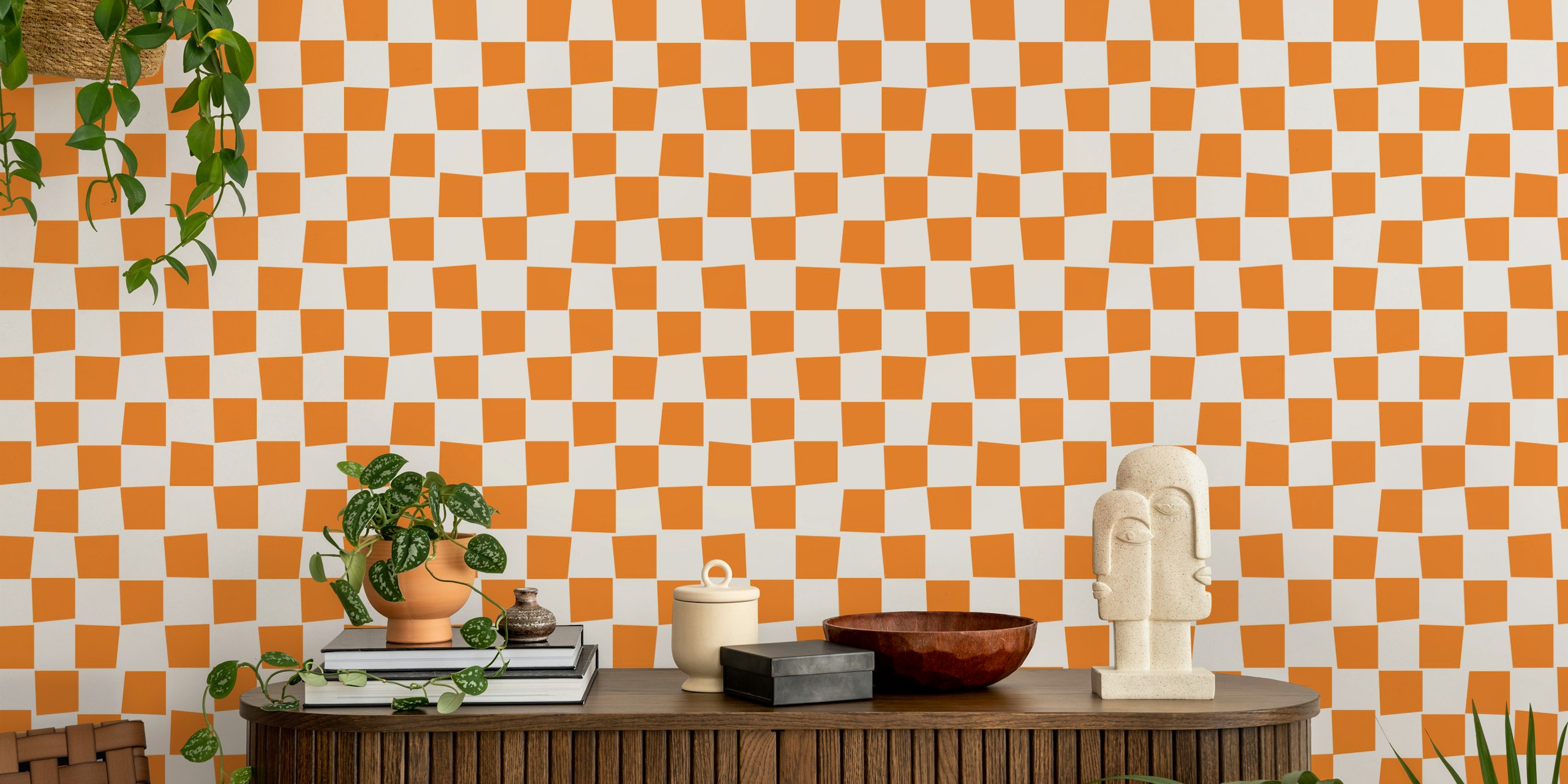 Orange checkerboard wallpaper in a room