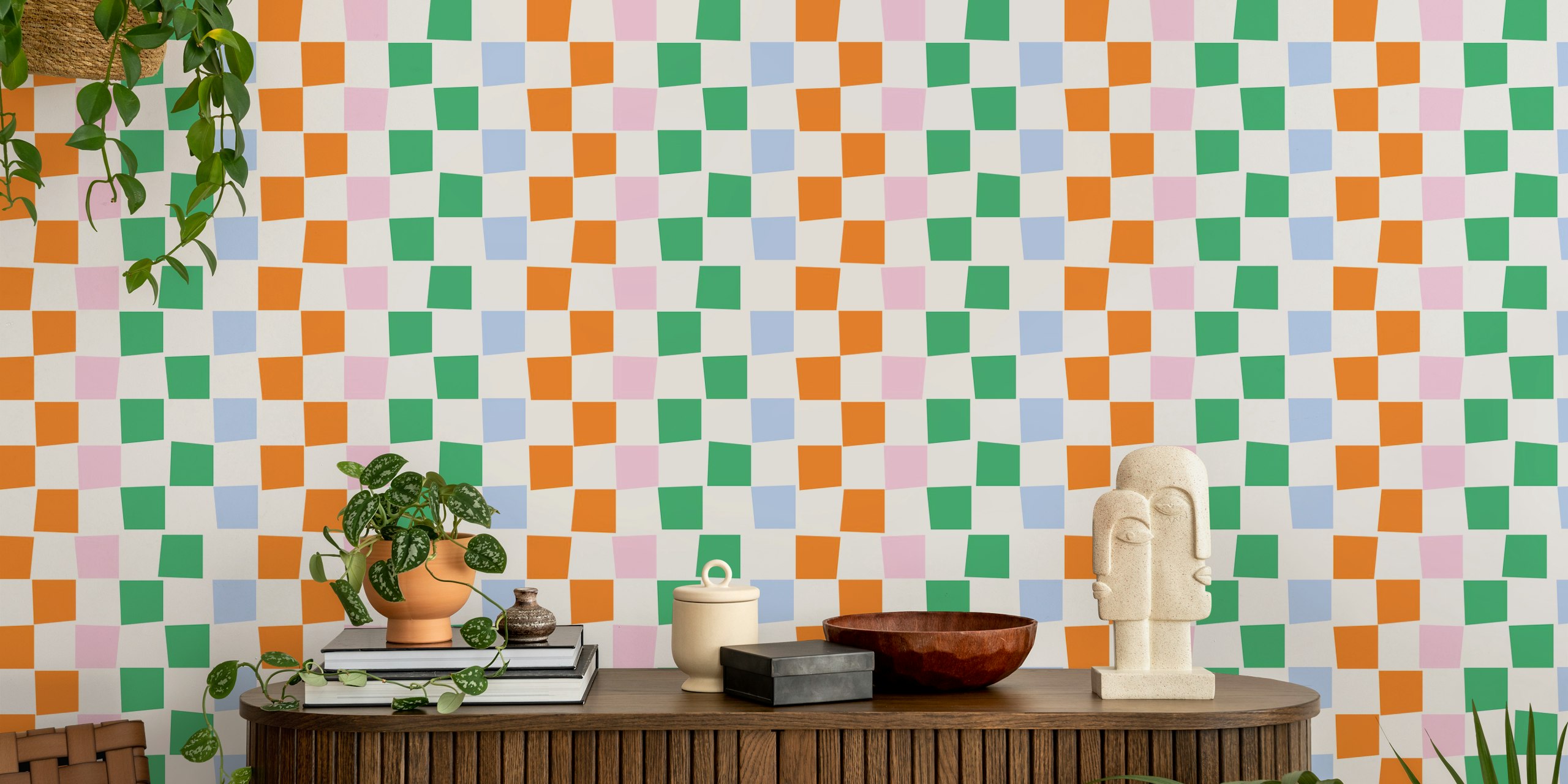 Colorful patchwork wallpaper in a room