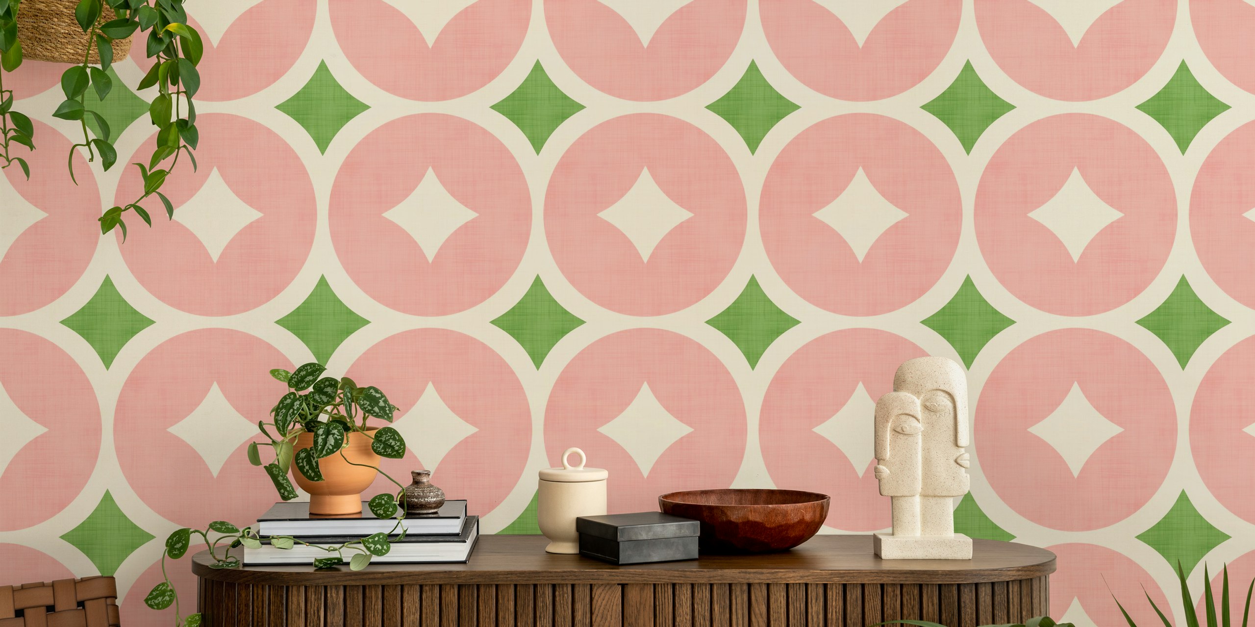 Pink and green geo mid-century modern wallpaper in a room
