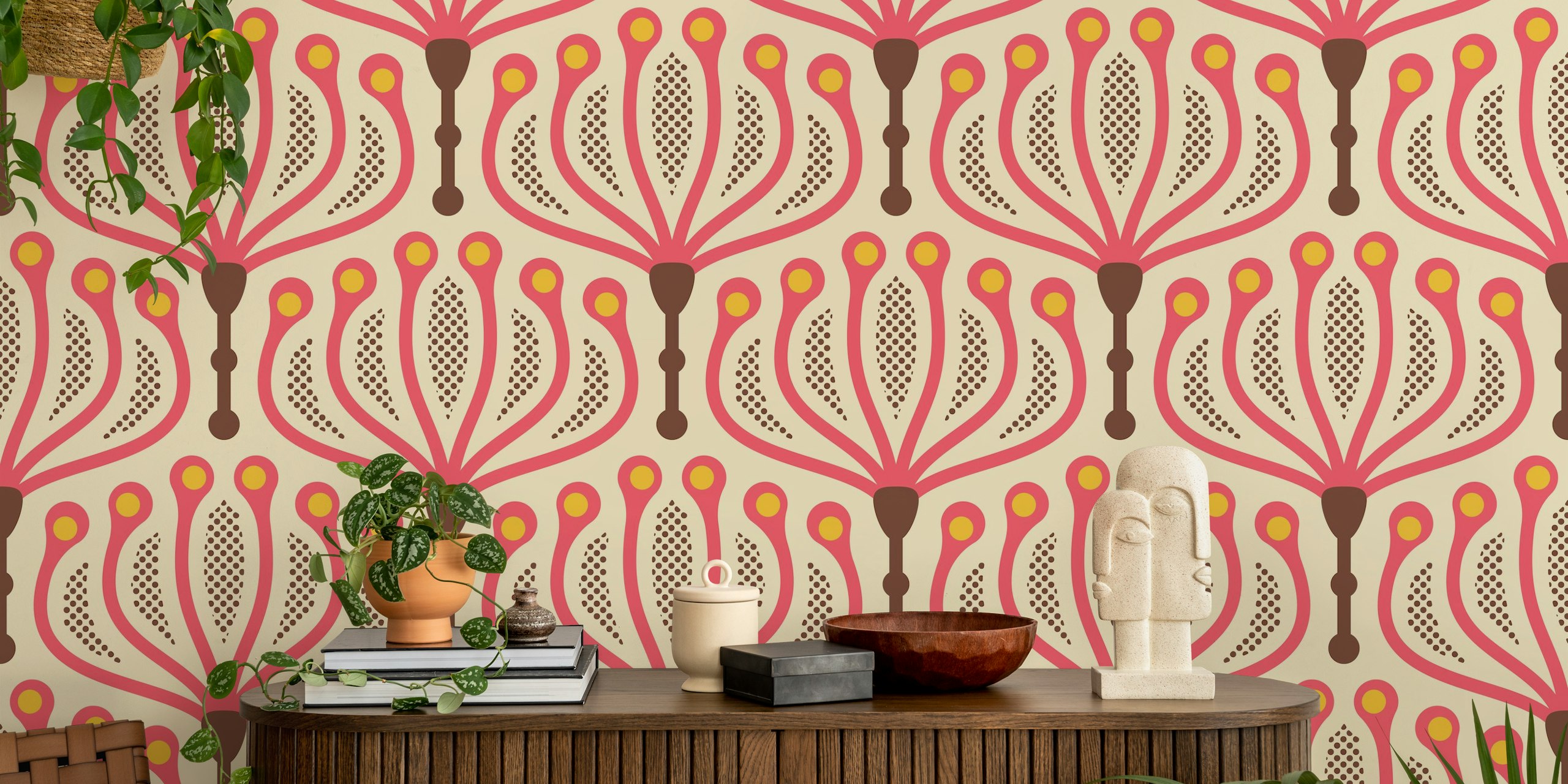 Floral geometry wallpaper i rosa och gult