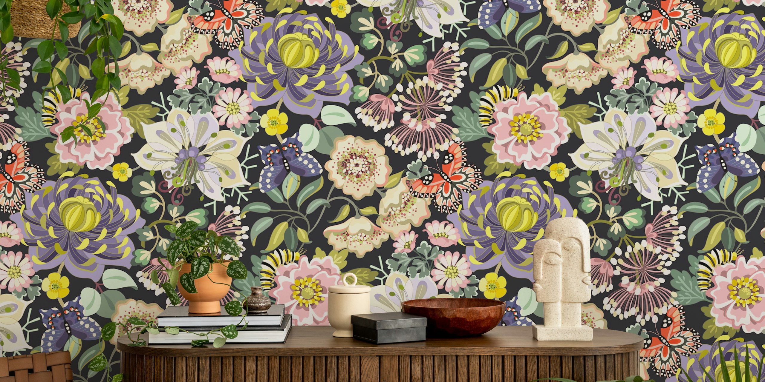 Tapeta Dark florals ve stylovém pokoji