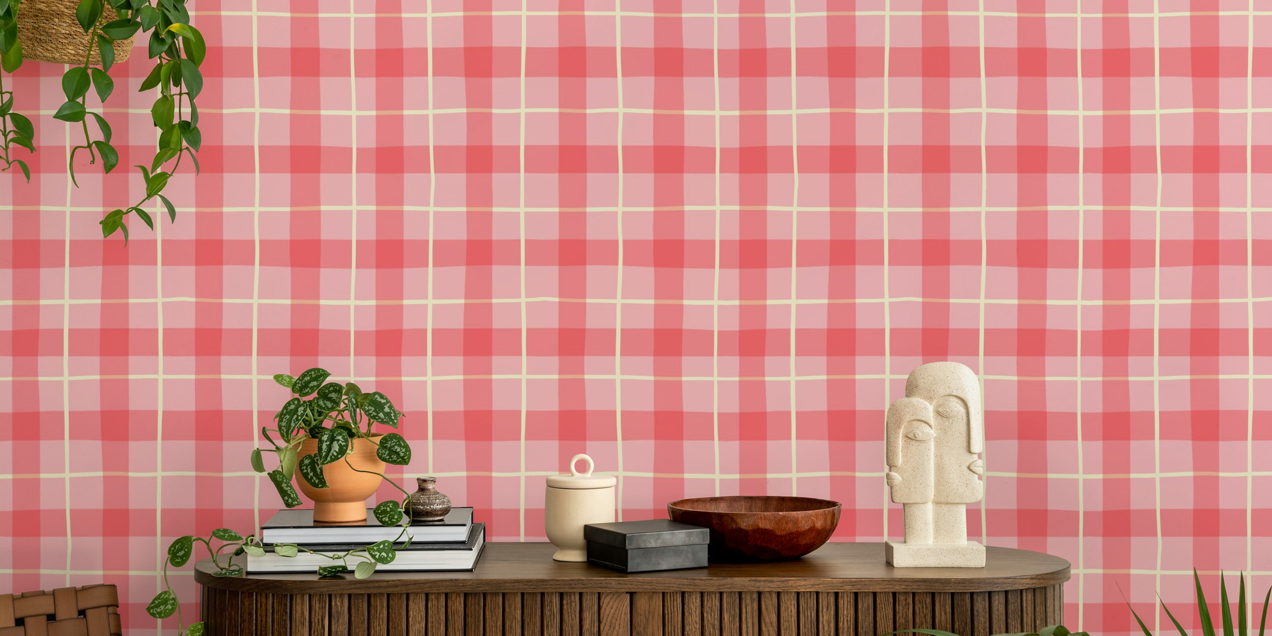 Carta da parati Pink gingham handdrawn plaid in una stanza
