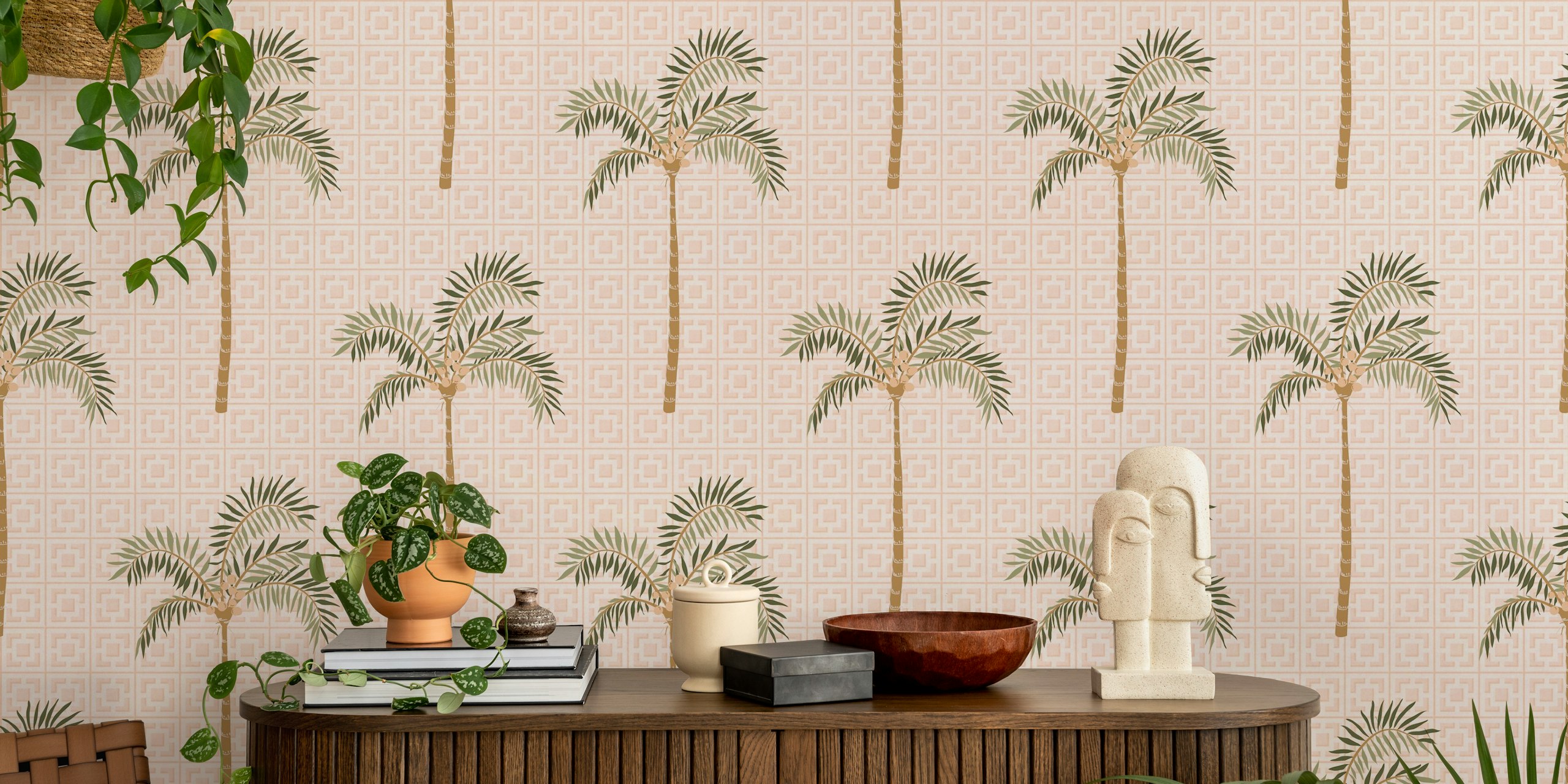 Geometric palm trees on blush pink background wallpaper
