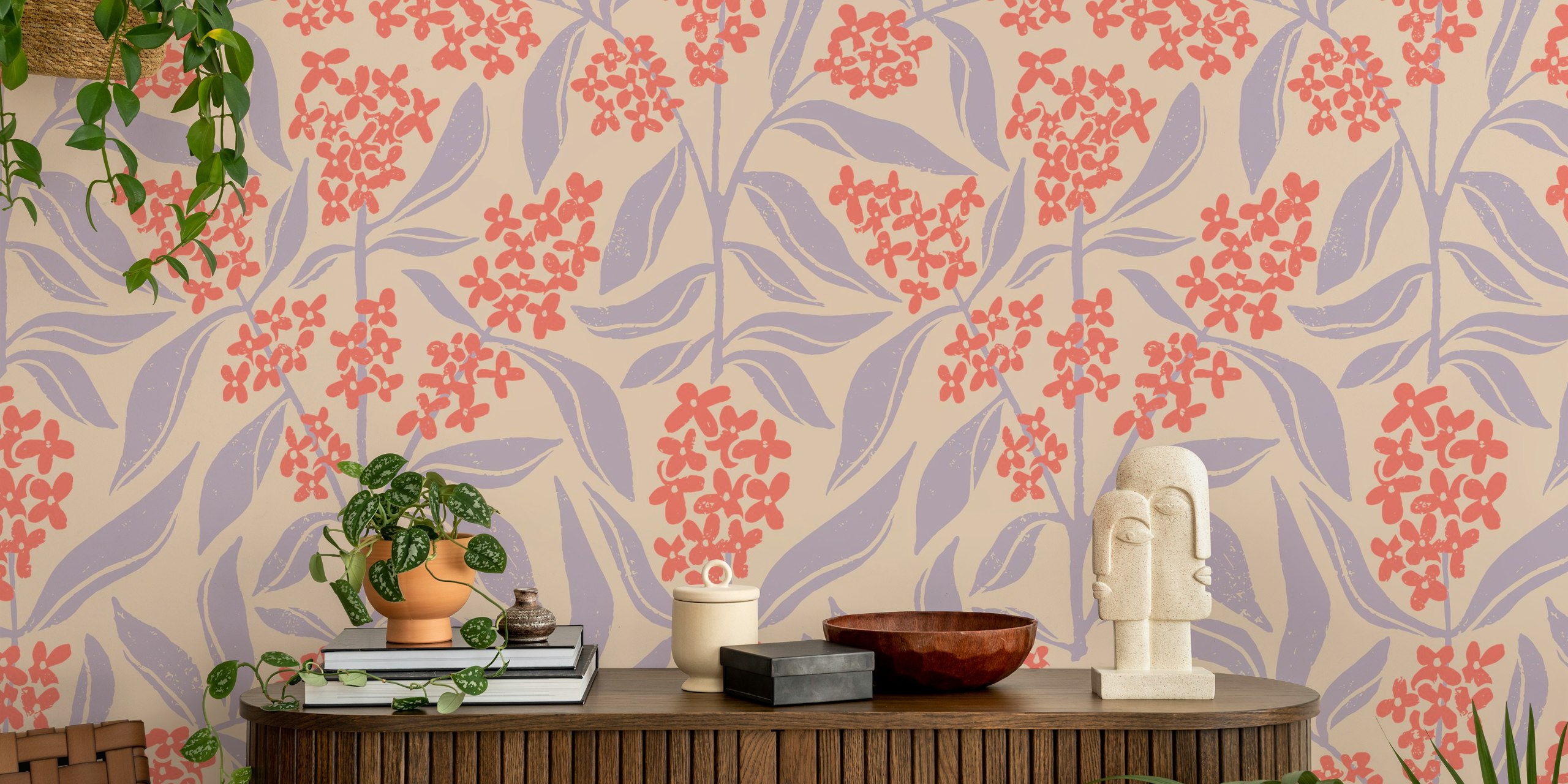 Rote und lila Osmanthus Blumen mit Blättern Tapete