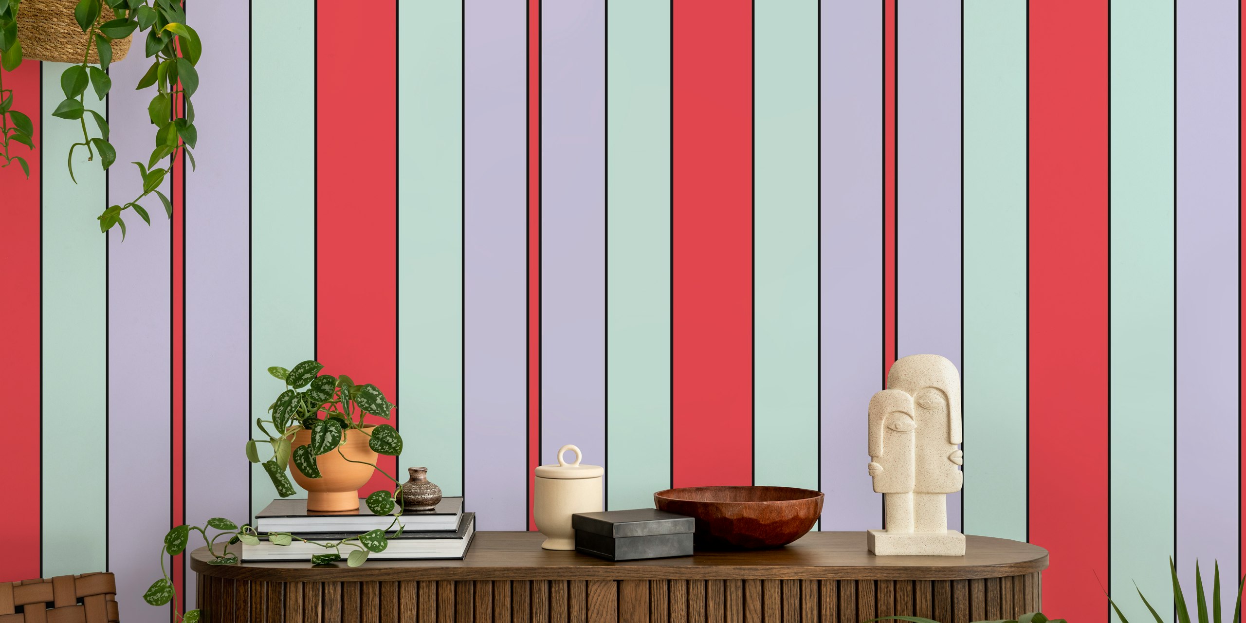 Striped wallpaper in coral, lilac, and mint green with black outlines.