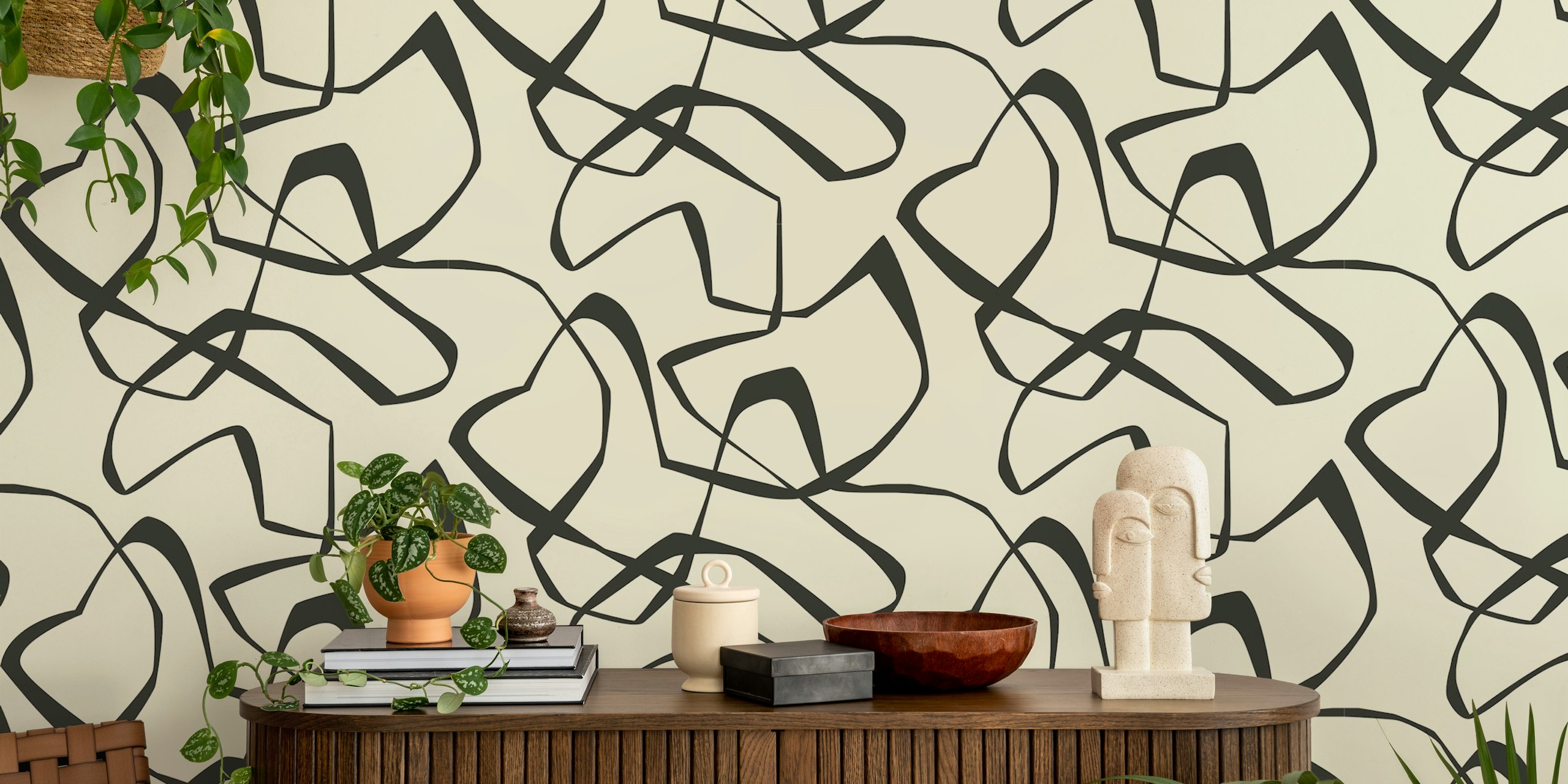 Japandi imperfect lines behang in een kamer