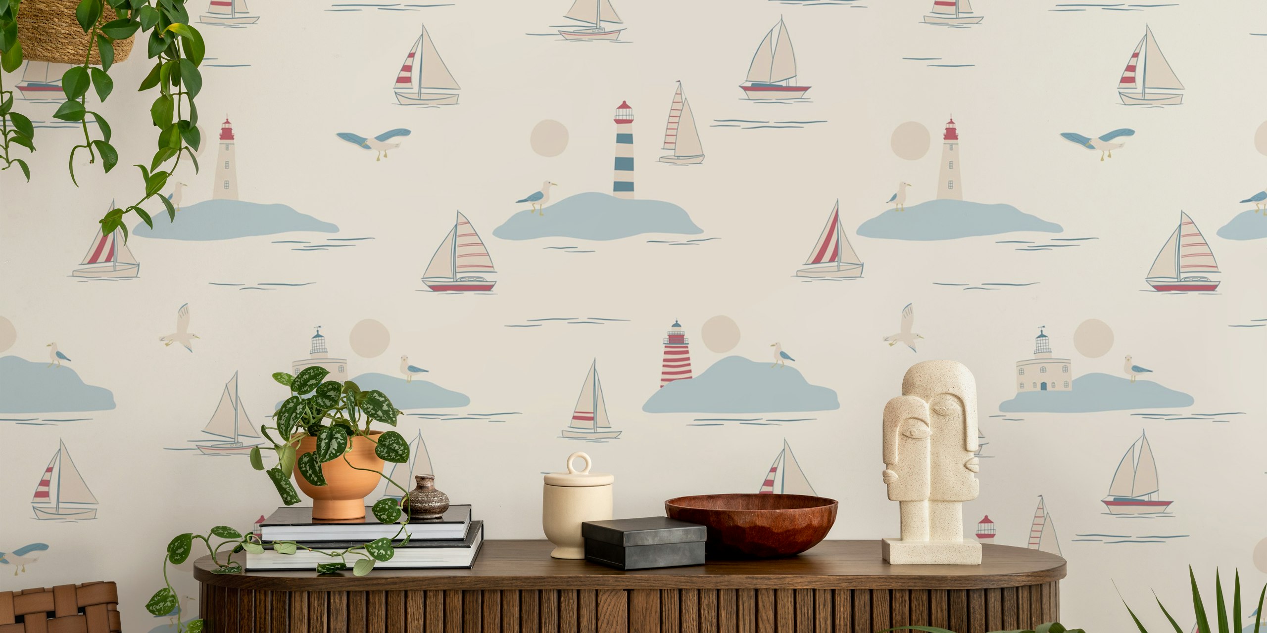 Coastal sailing boats and lighthouses wallpaper