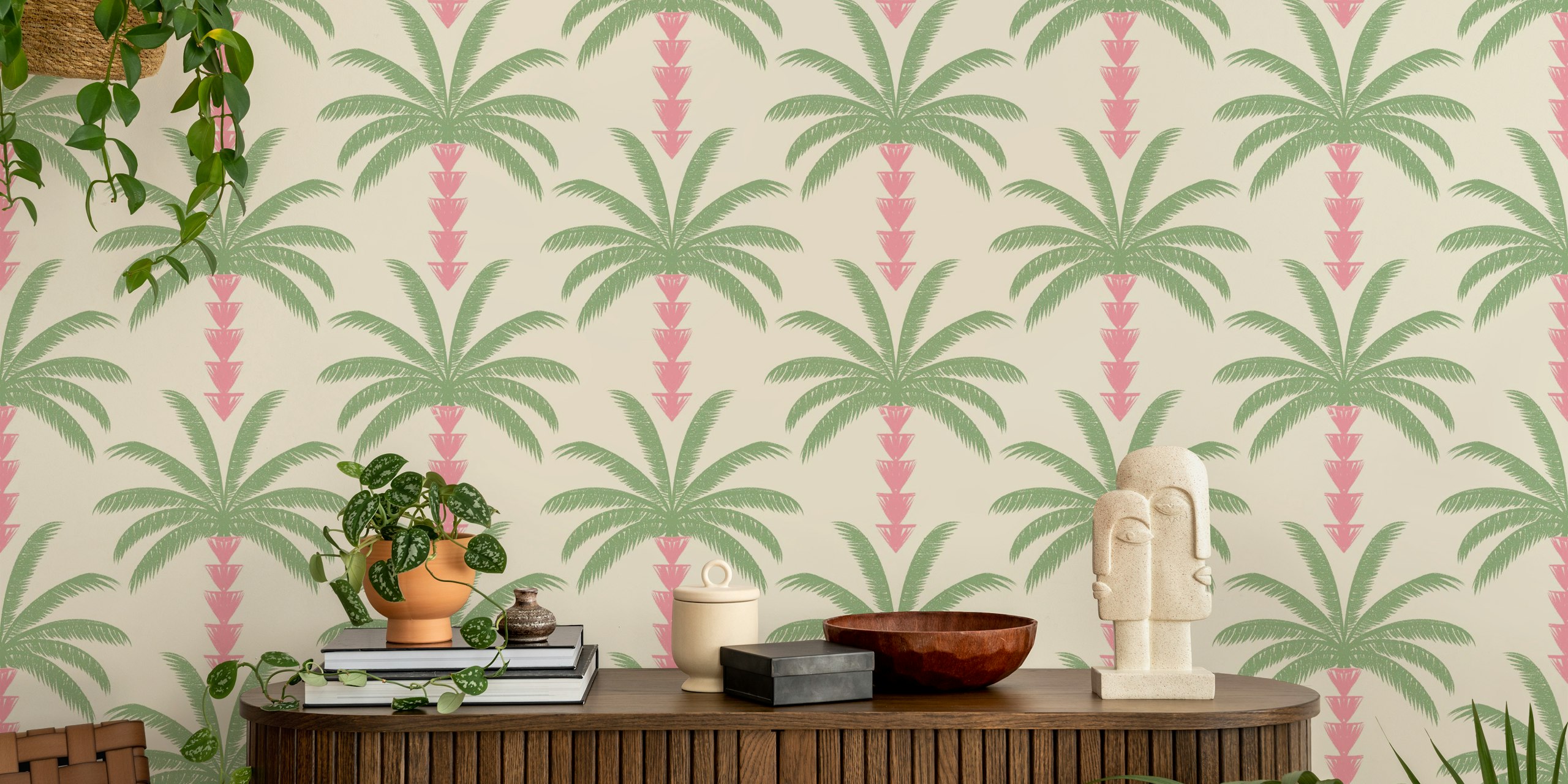 Tropical Palm Tree Pattern Pink Green Cream en una habitación