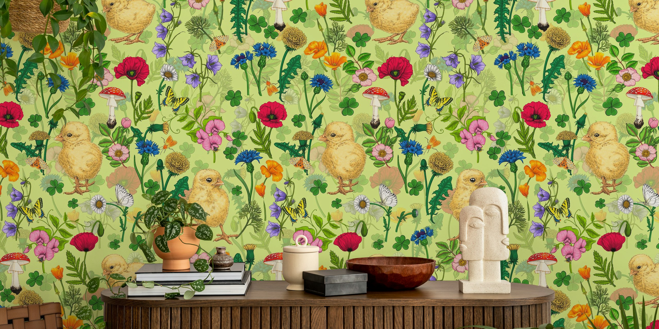 Chickens and colorful wildflowers on green background wallpaper