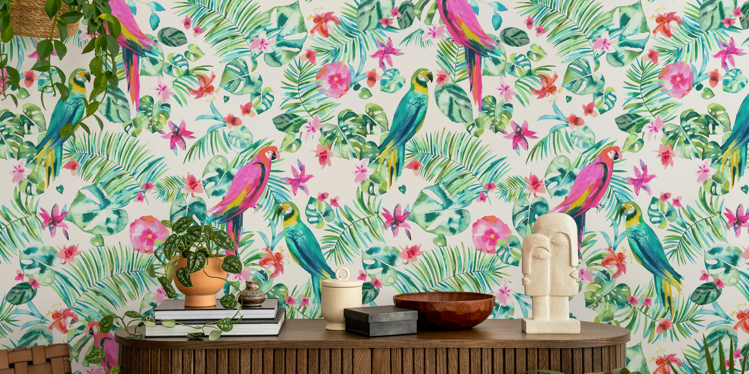 Tropical Jungle Leaves a parrots design tapety
