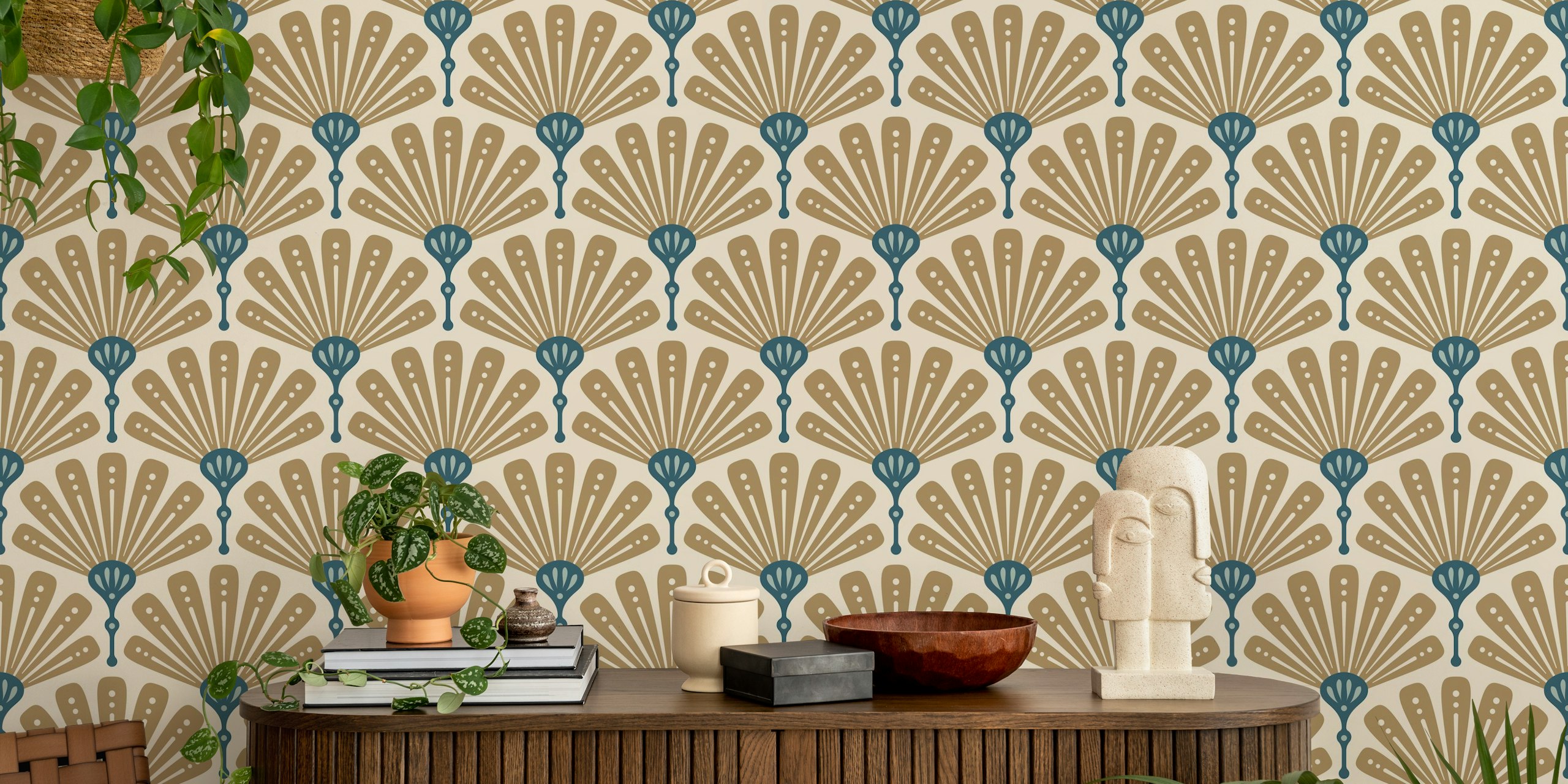 Art Deco Scallop Motif in Gold Teal tapet