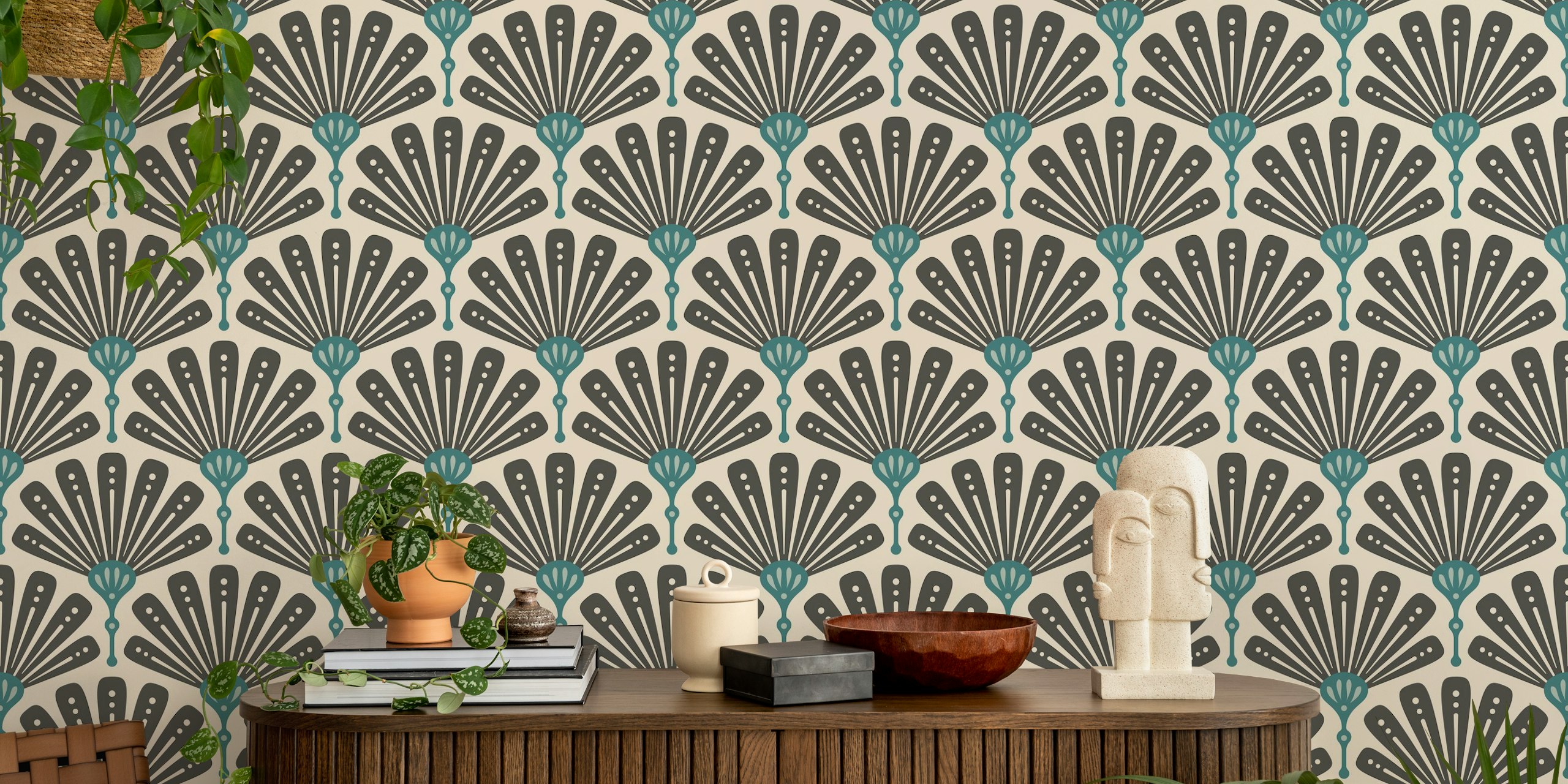 Art Deco scallop motif wallpaper in a room