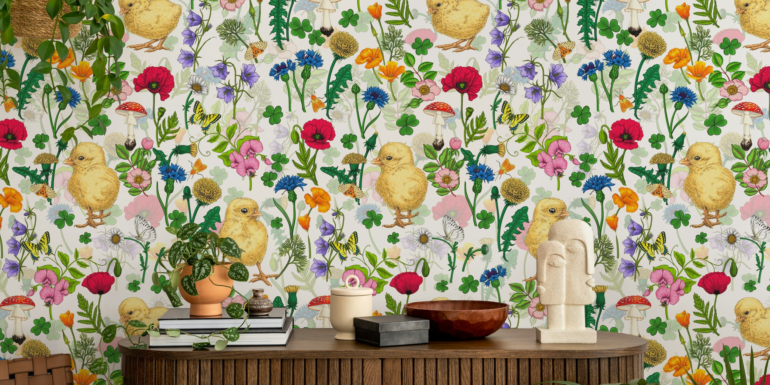 Conception de papier peint Chickens and wildflowers